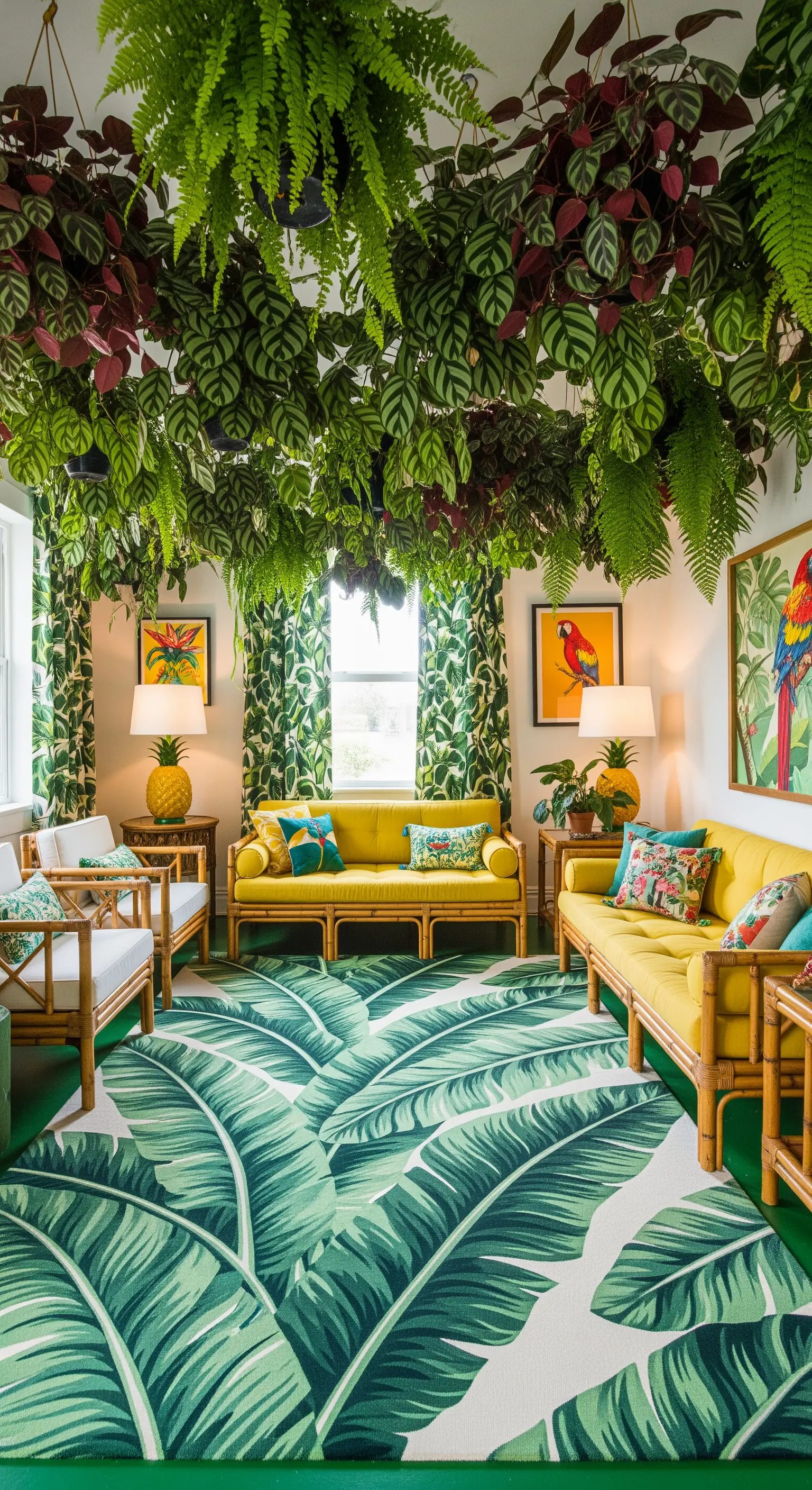 Salotto tropicale con soffitto interamente coperto di piante, arredi in bambù e tappeto a foglie.