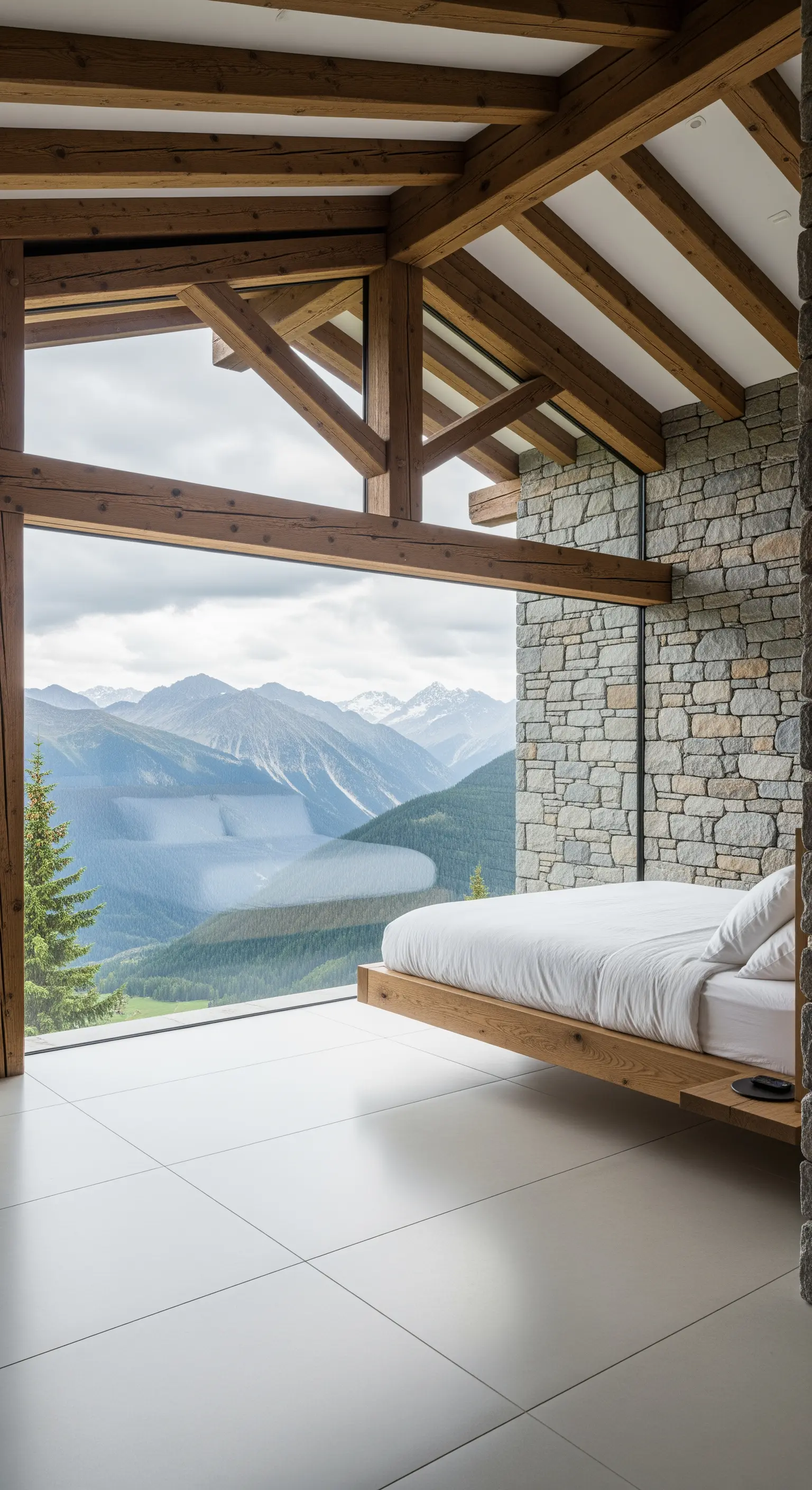 Camera da letto minimalista con parete di vetro affacciata su un panorama montano.