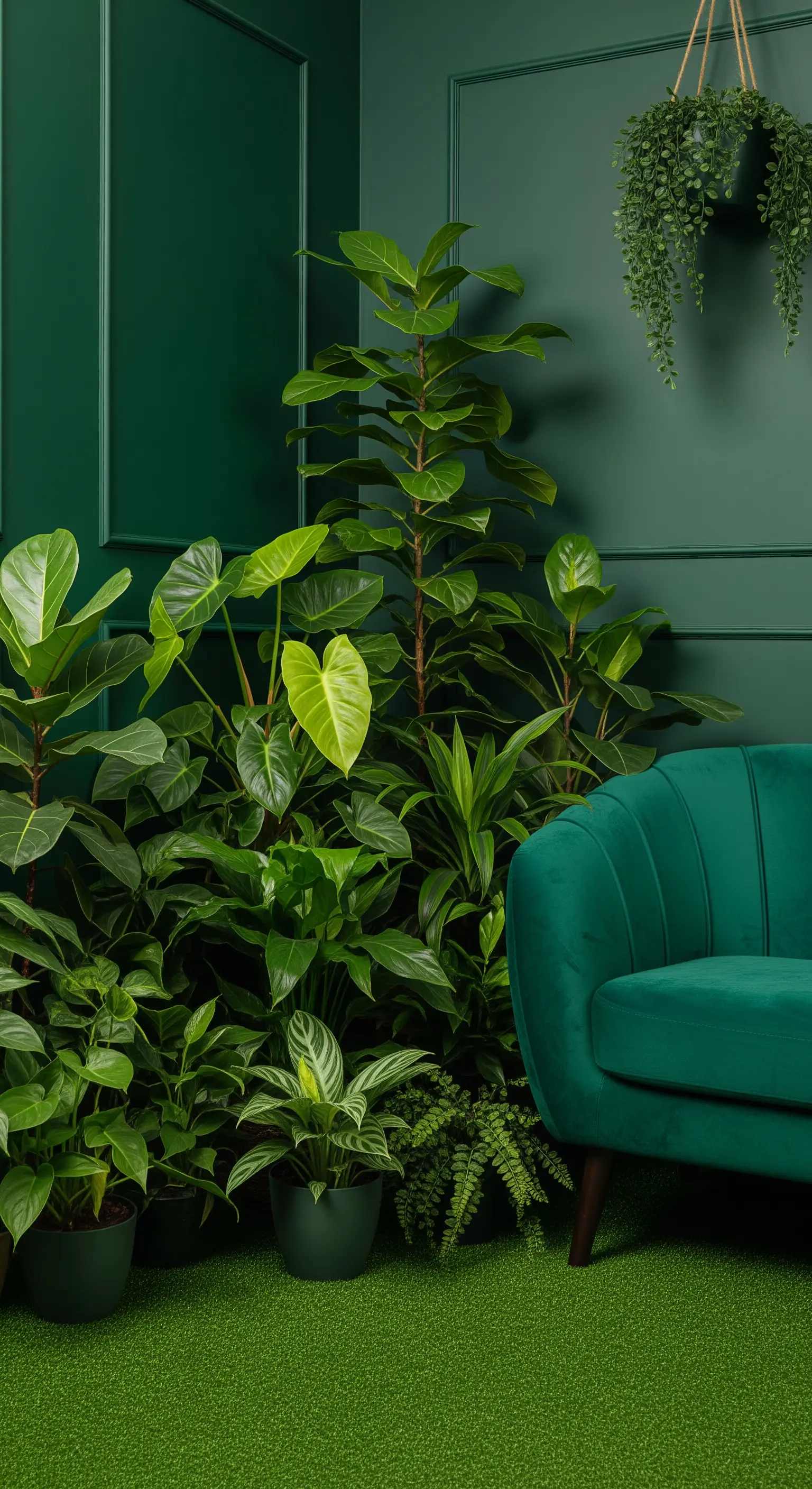 Angolo interamente verde: parete, divano e una fitta selezione di piante da interno.