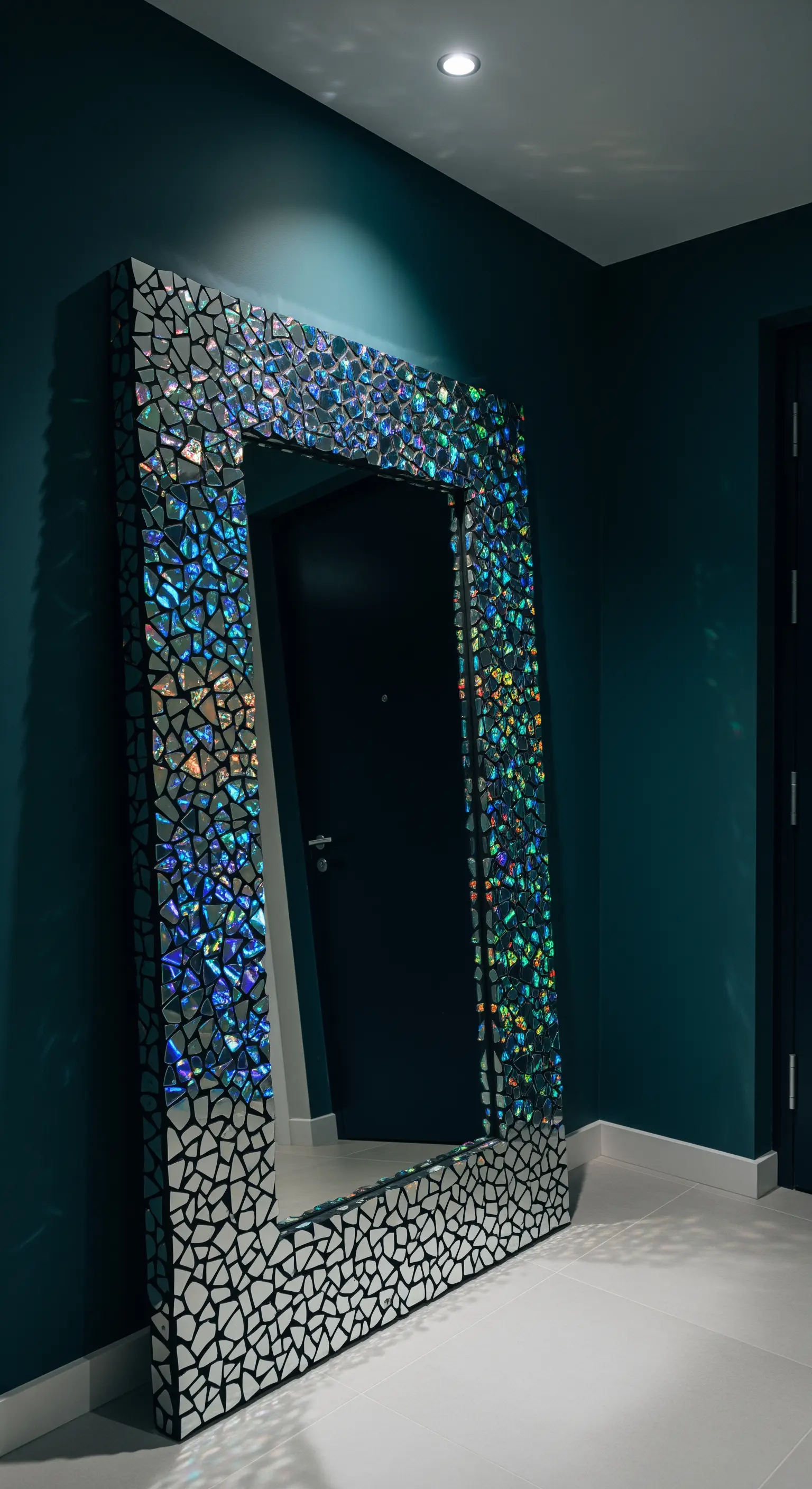 Grande specchio rettangolare con cornice a mosaico di CD, appoggiato a una parete blu petrolio.