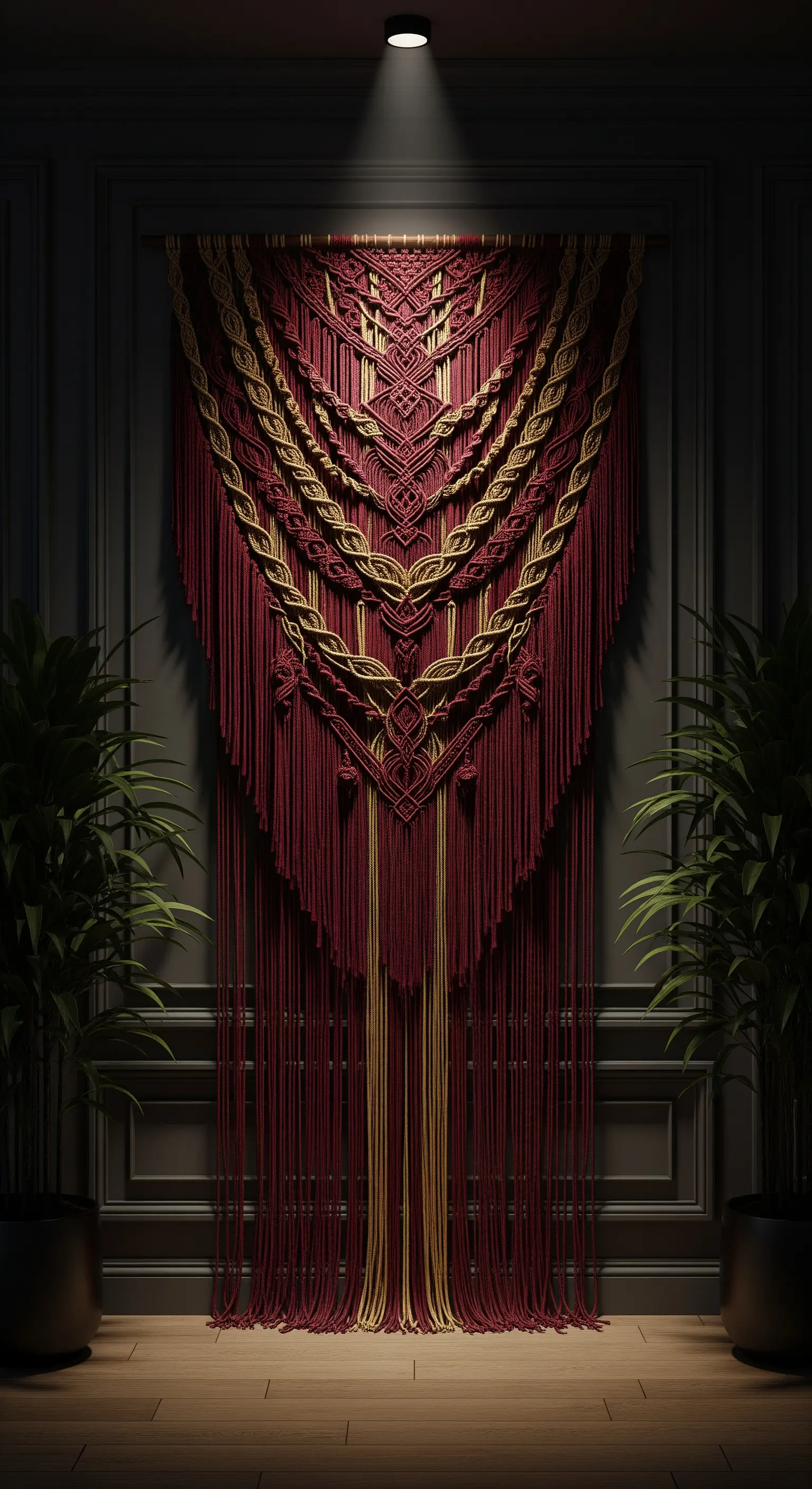 Arazzo in macramè molto grande e decorato, in rosso e oro, illuminato da un faretto in una stanza scura.