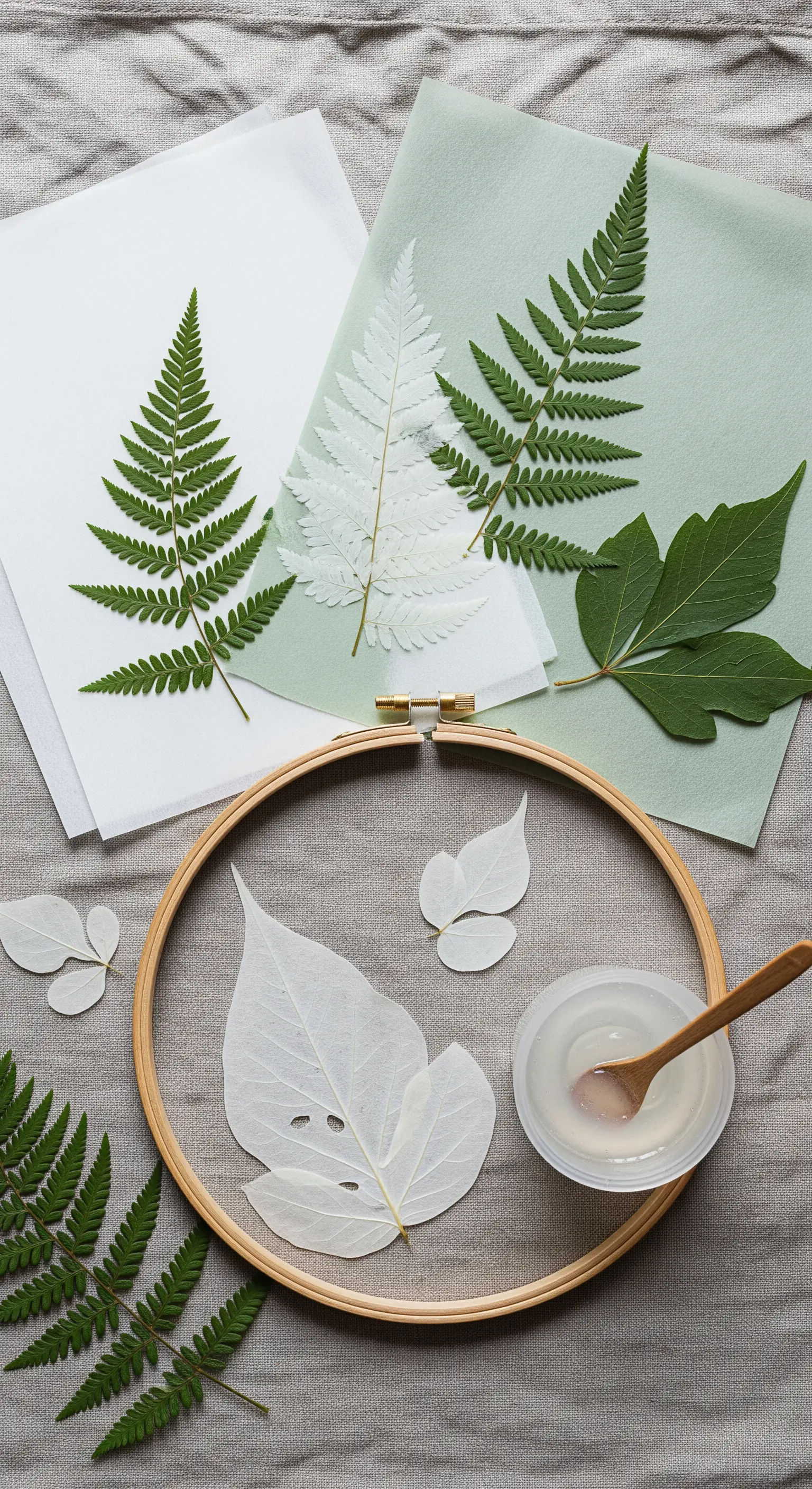 Materiali per lanterne botaniche: foglie pressate, carta velina, telaio da ricamo e colla.