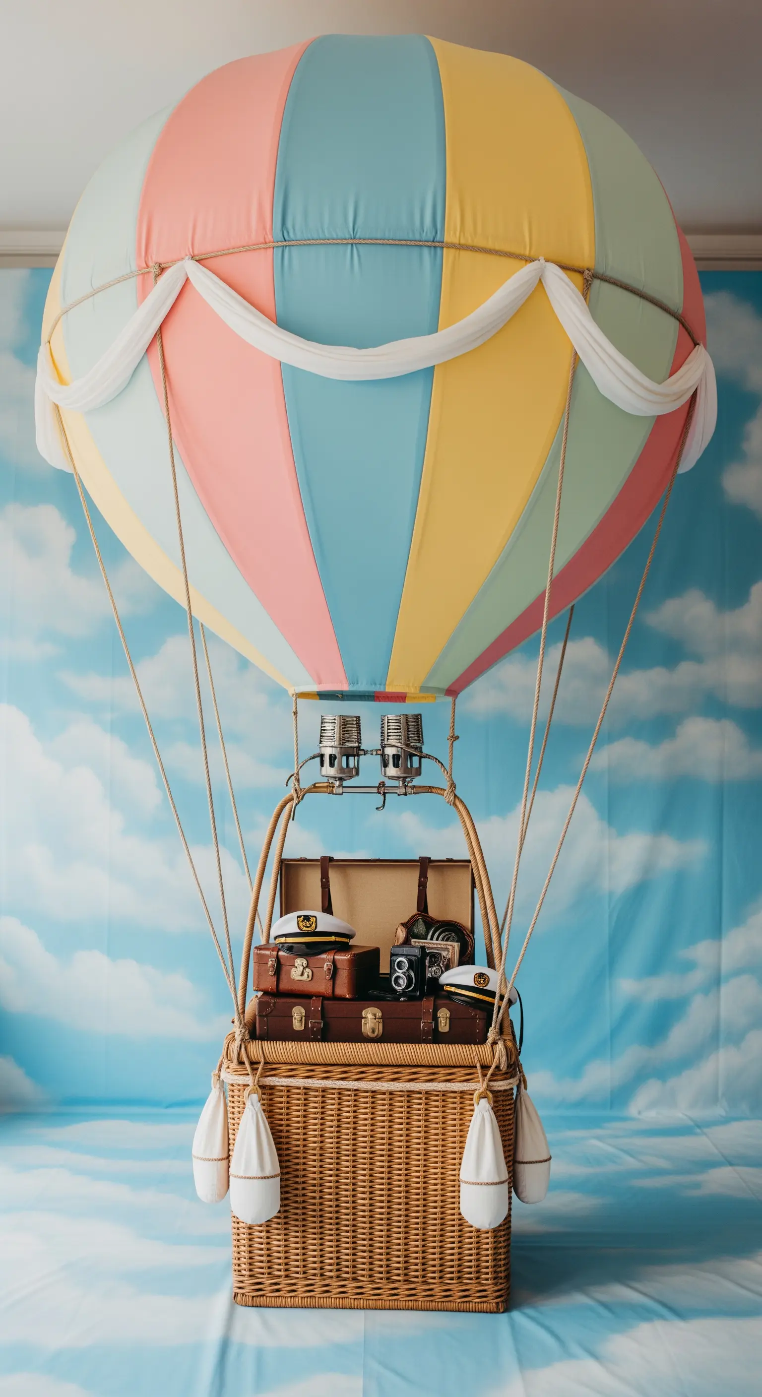 Photo booth a forma di mongolfiera con cesto in vimini e sfondo di nuvole.