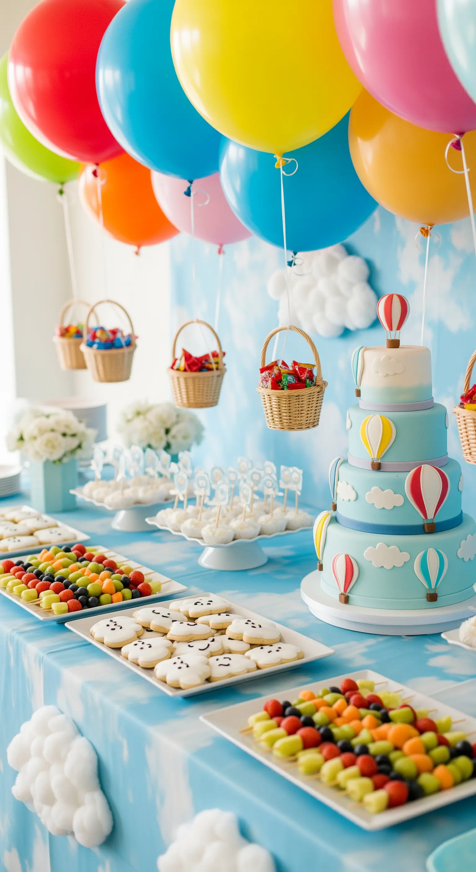 Buffet a tema mongolfiere con torta a piani, dolcetti colorati e palloncini sospesi.