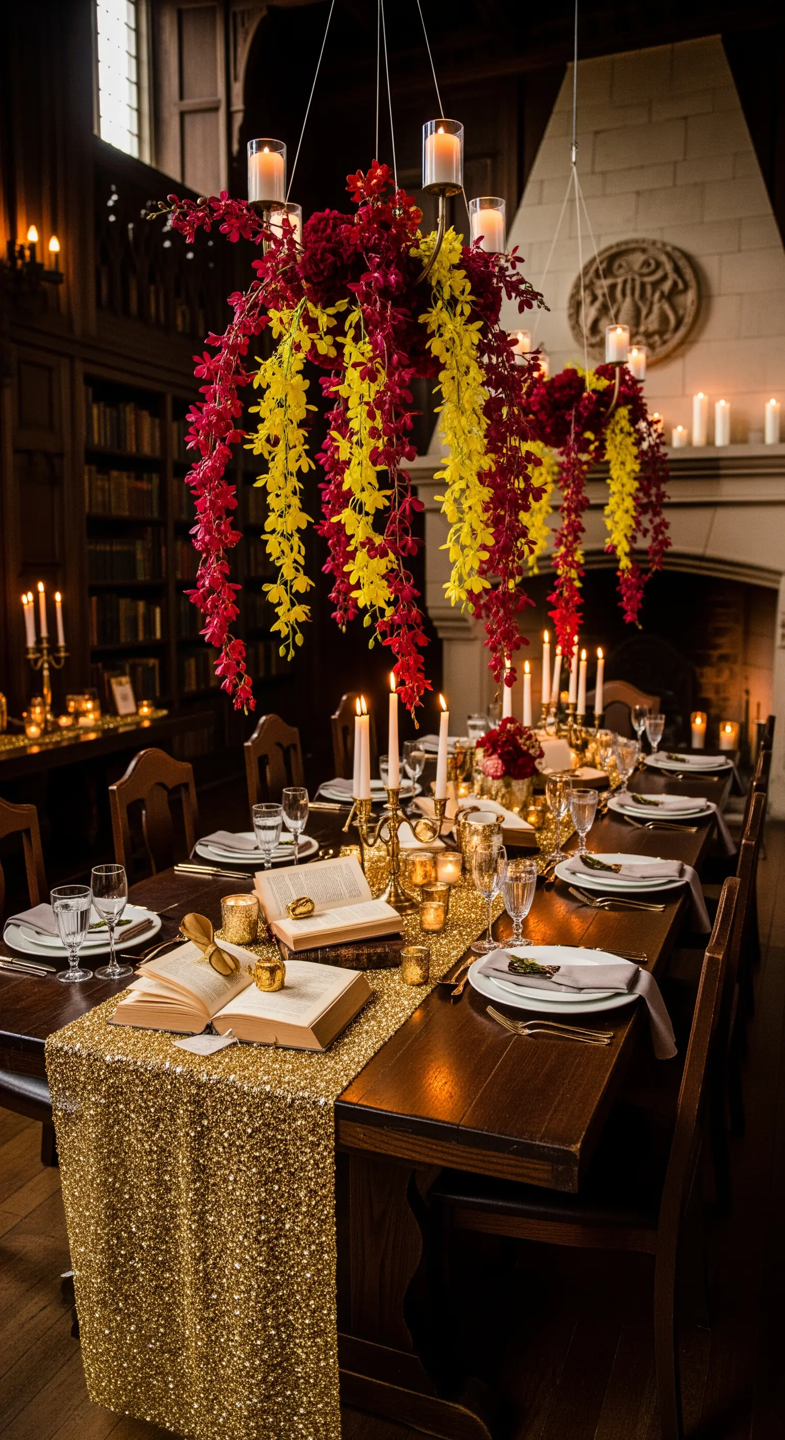 Tavolo in una sala con camino, decorato con libri, runner dorato e orchidee sospese.