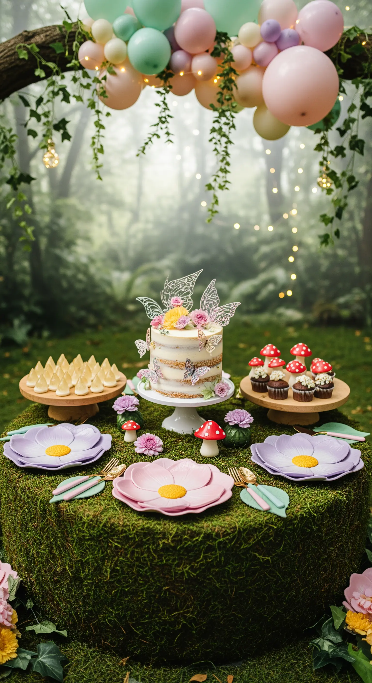 Tavola in un bosco incantato con torta con farfalle, piatti a fiore e dolcetti a fungo.