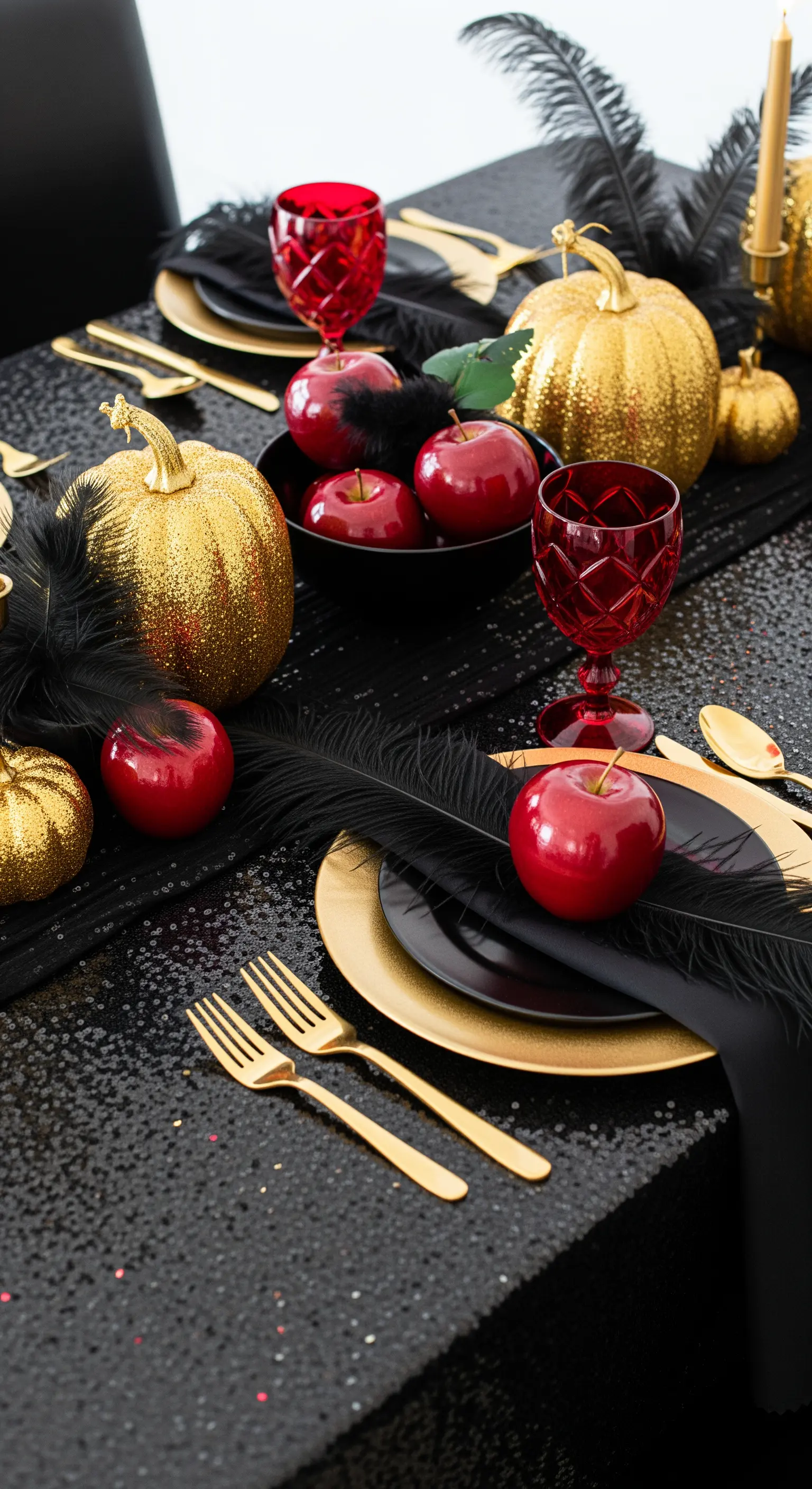 Tavola nera e oro con zucche glitter e mele rosse.