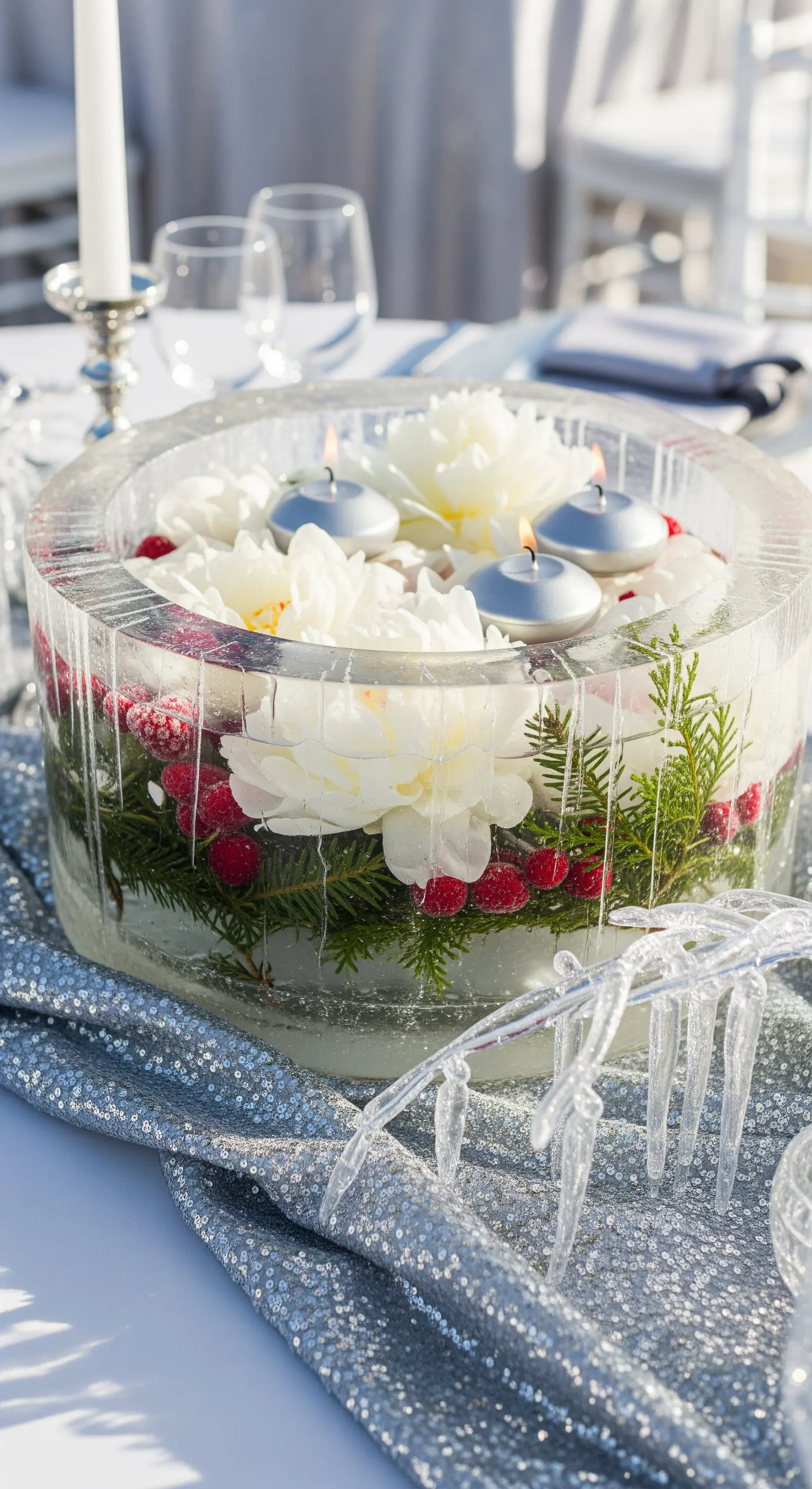 Centrotavola scultura in ghiaccio con bacche e abete, riempito con peonie e candele.