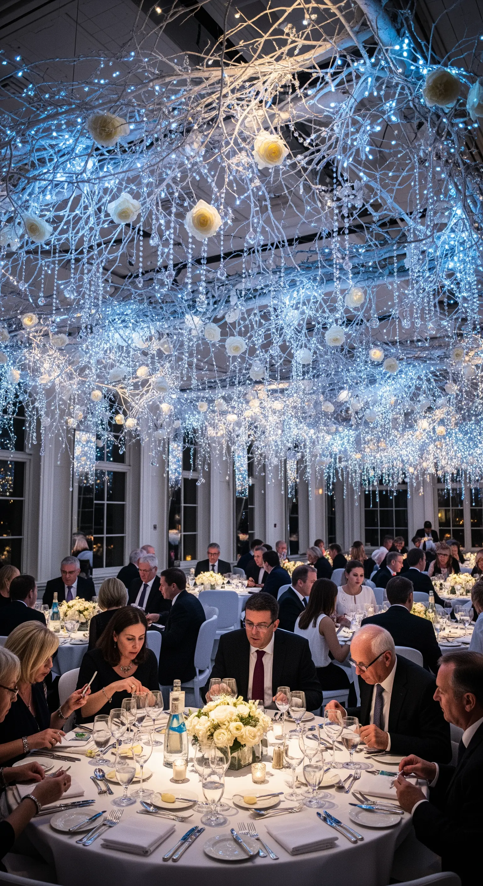 Soffitto decorato con rami bianchi, migliaia di lucine fredde e rose bianche per un tema invernale.