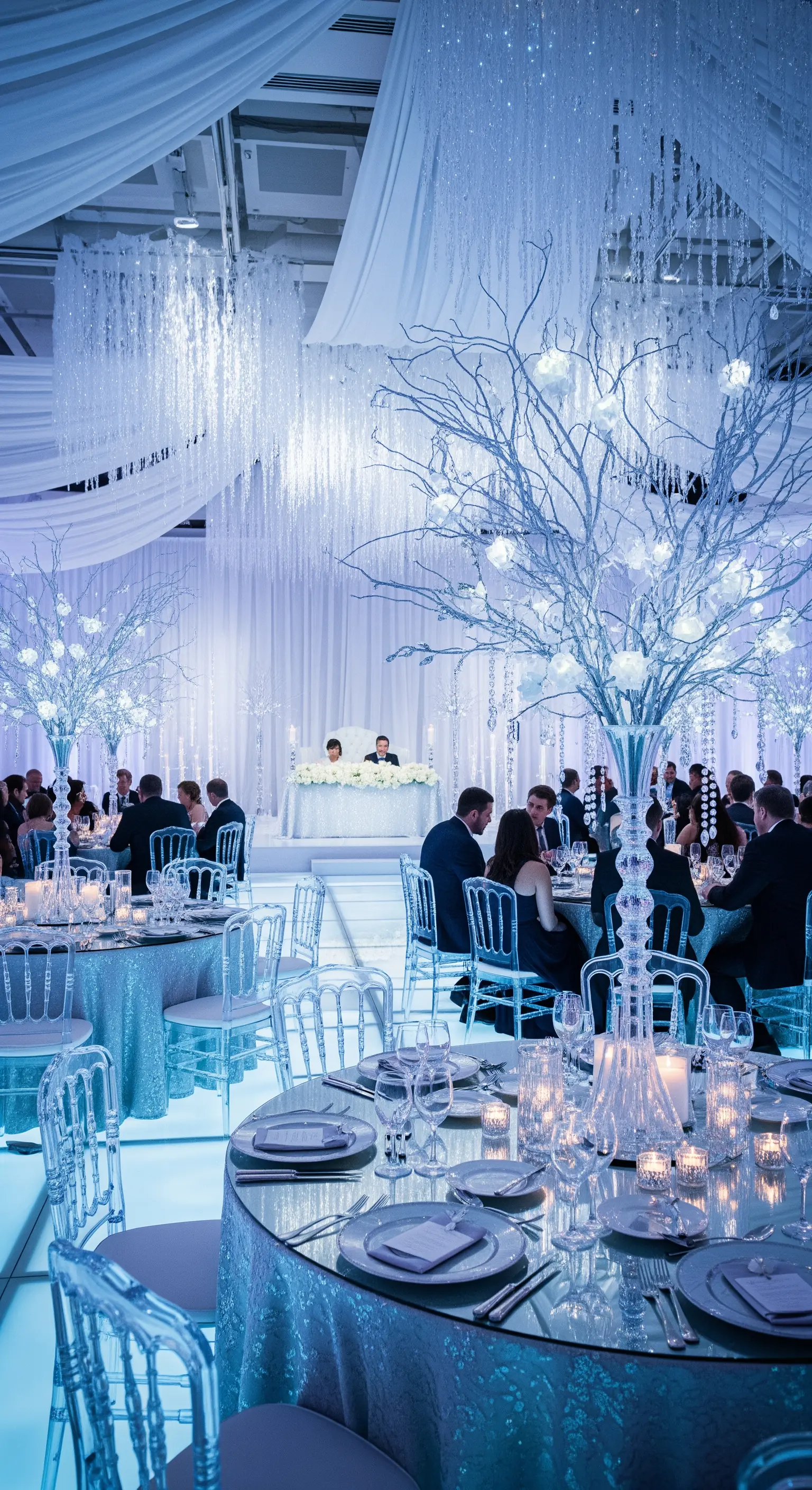 Ricevimento a tema invernale con alberi bianchi, cristalli e illuminazione blu.