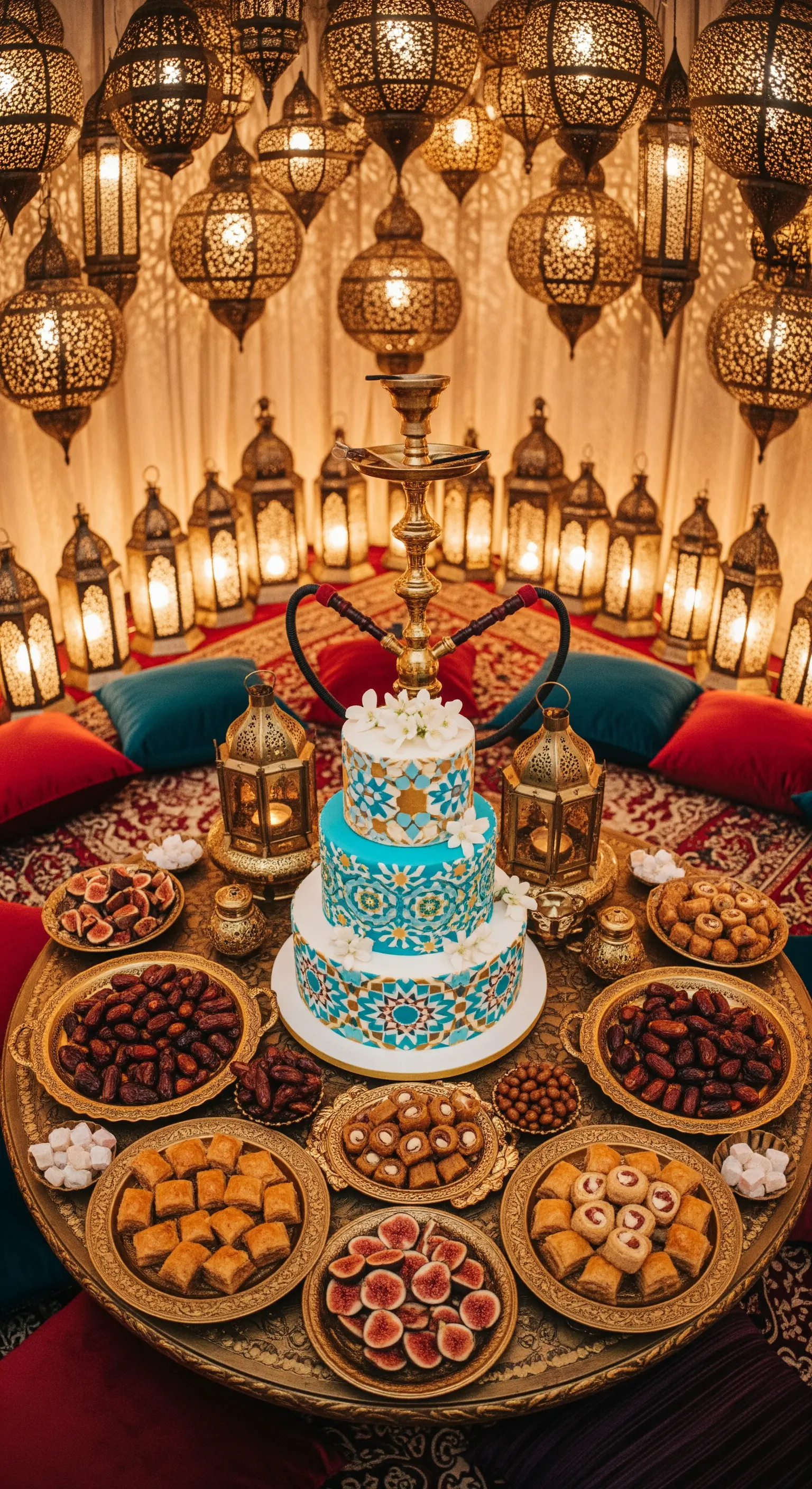 Tavolo da dessert in stile marocchino con torta a mosaico, lanterne e cuscini.