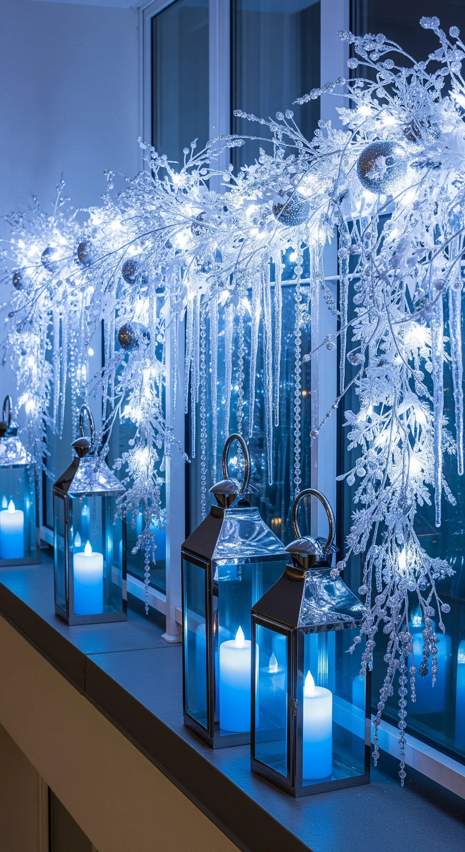 Davanzale con ghirlanda effetto brina, luci bianche fredde e lanterne in acciaio con luce blu