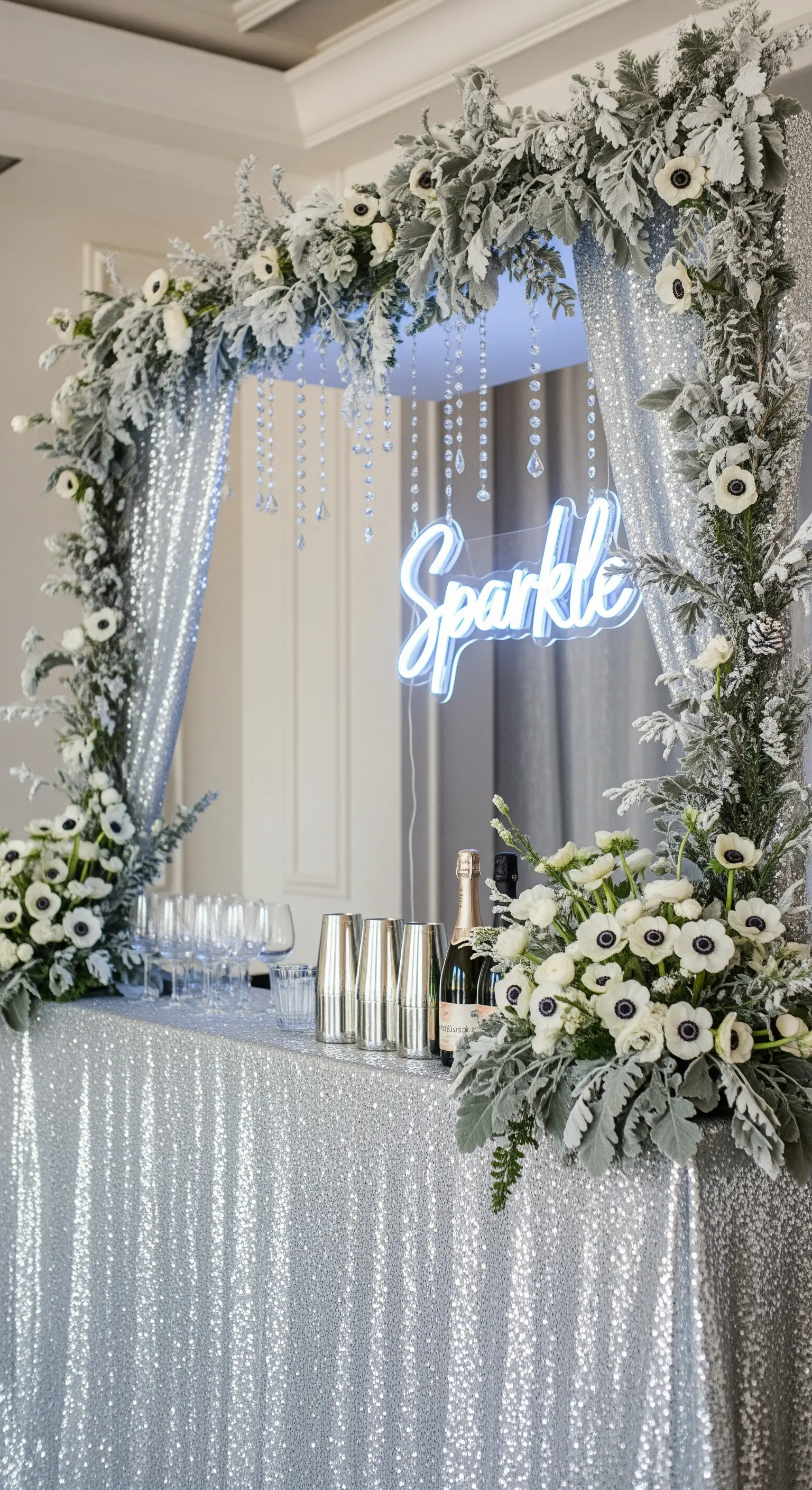 Angolo prosecco invernale con paillettes, fogliame innevato e insegna 