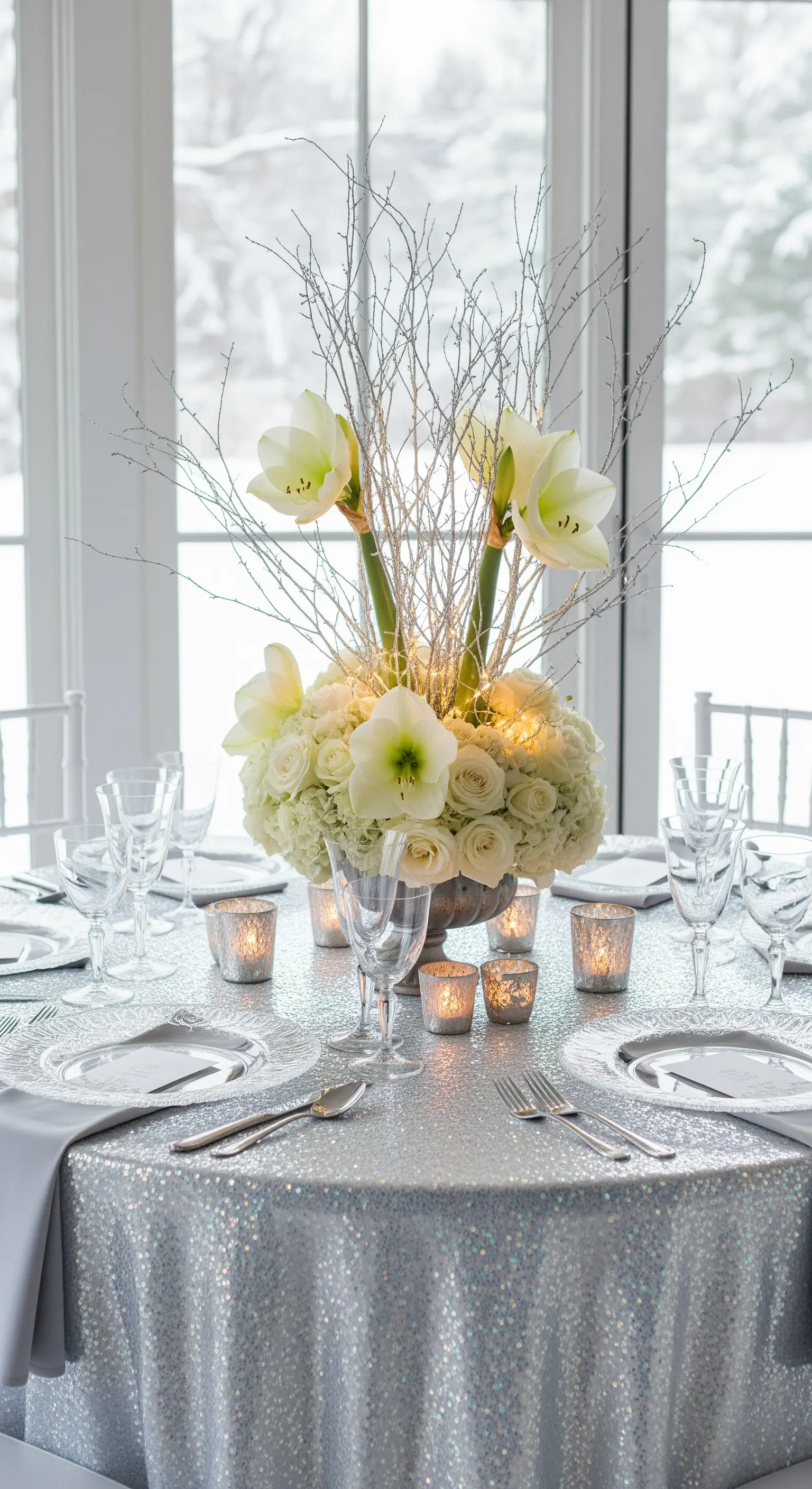 Tavola invernale con tovaglia di paillettes argento, piatti bianchi e un centrotavola di fiori bianchi e rami.
