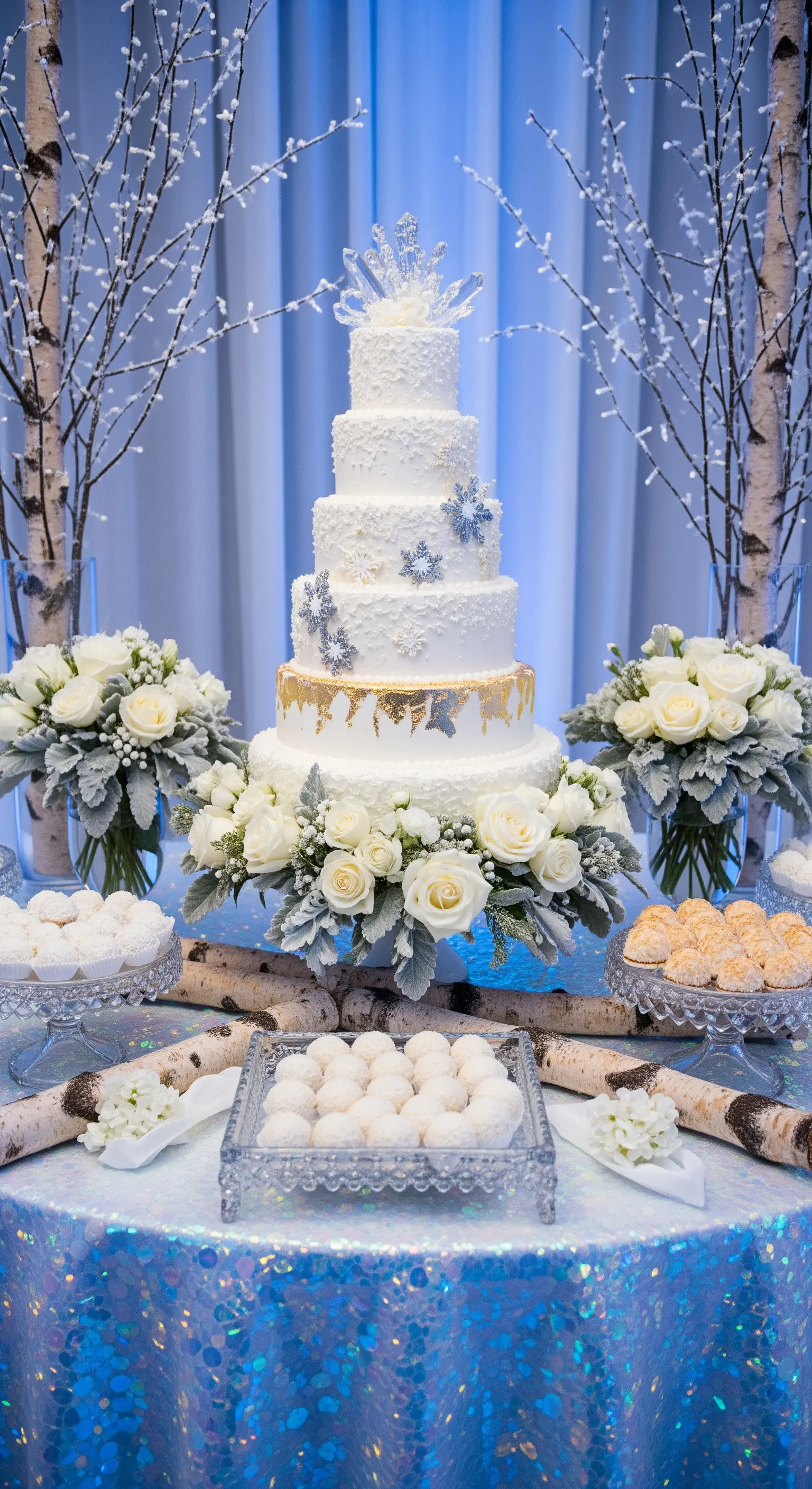 Tavolo invernale con torta bianca e argento, rami di betulla e tovaglia di paillettes.