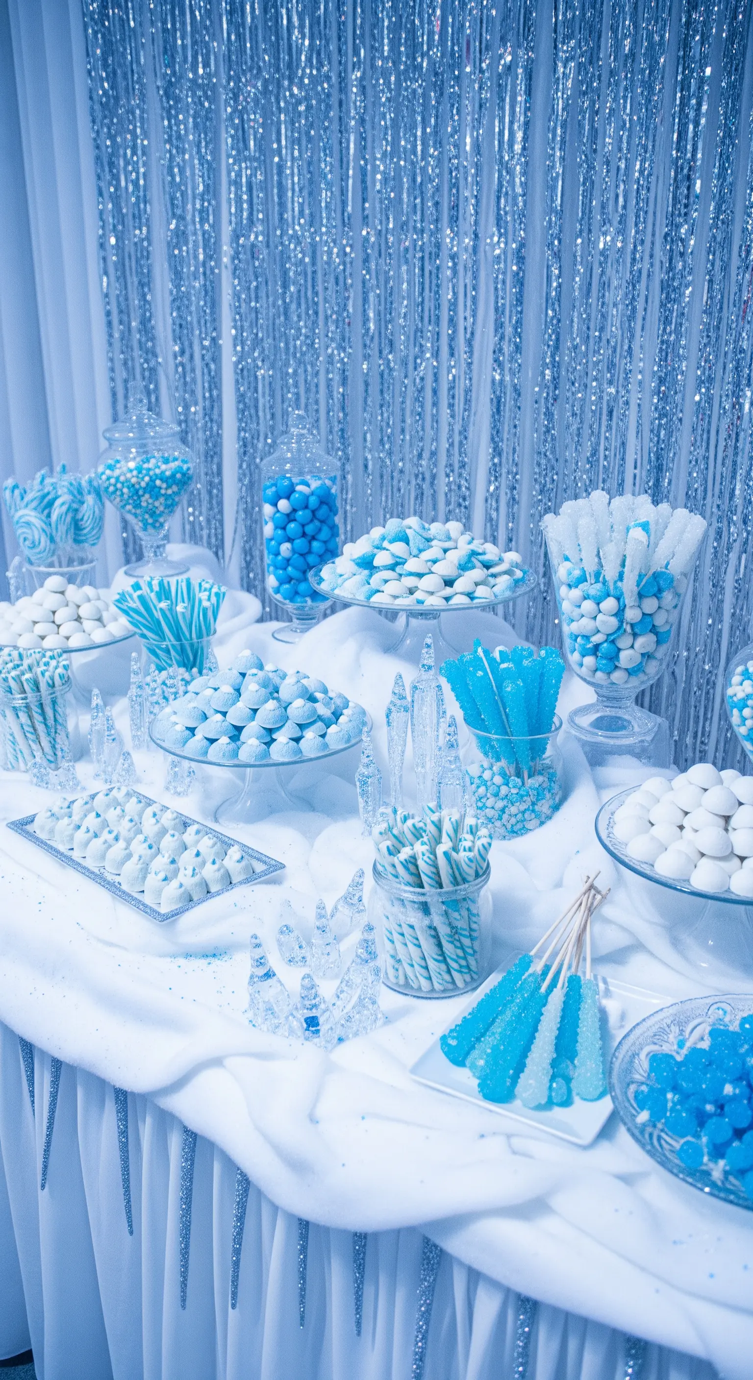 Candy bar a tema invernale nei toni del bianco, azzurro e argento con sfondo glitterato