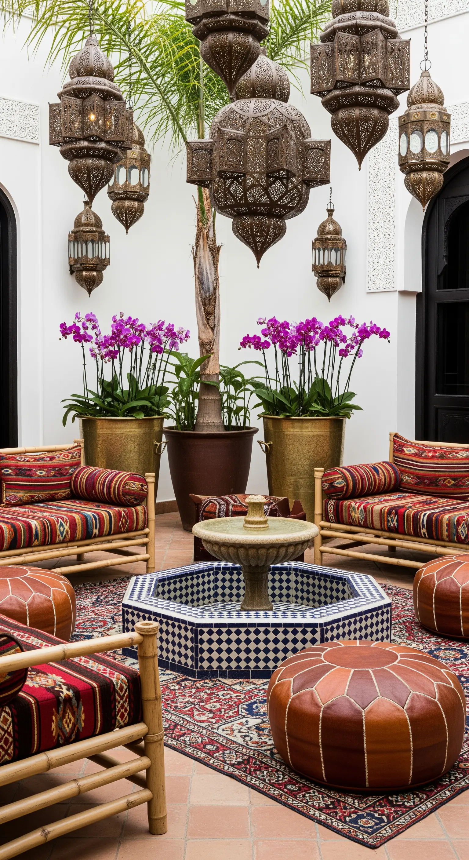 Cortile in stile marocchino con lanterne, fontana a mosaico e tessuti etnici.