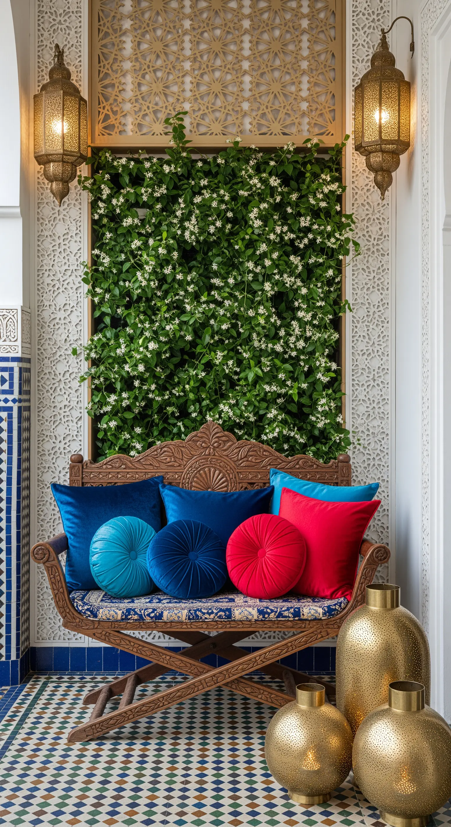 Panchina in legno intagliato con cuscini in velluto colorato, lanterne e una parete di gelsomino.