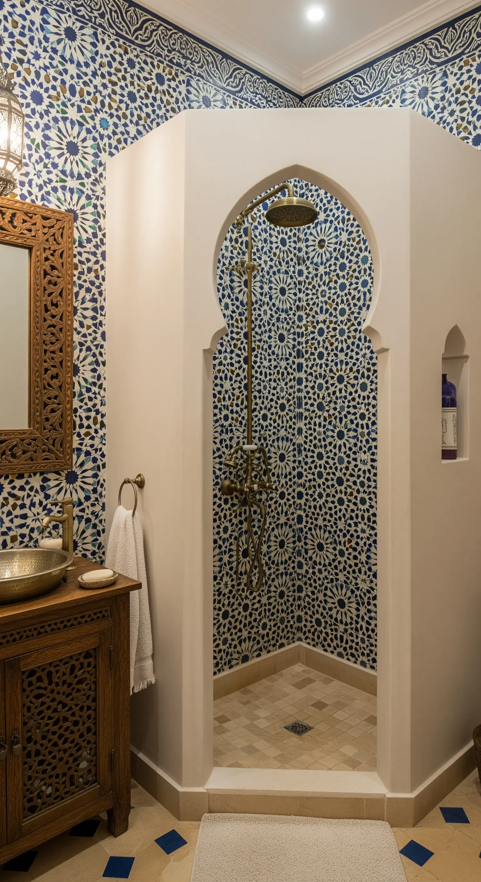Bagno in stile marocchino con doccia ad arco rivestita di piastrelle Zellige blu e bianche.