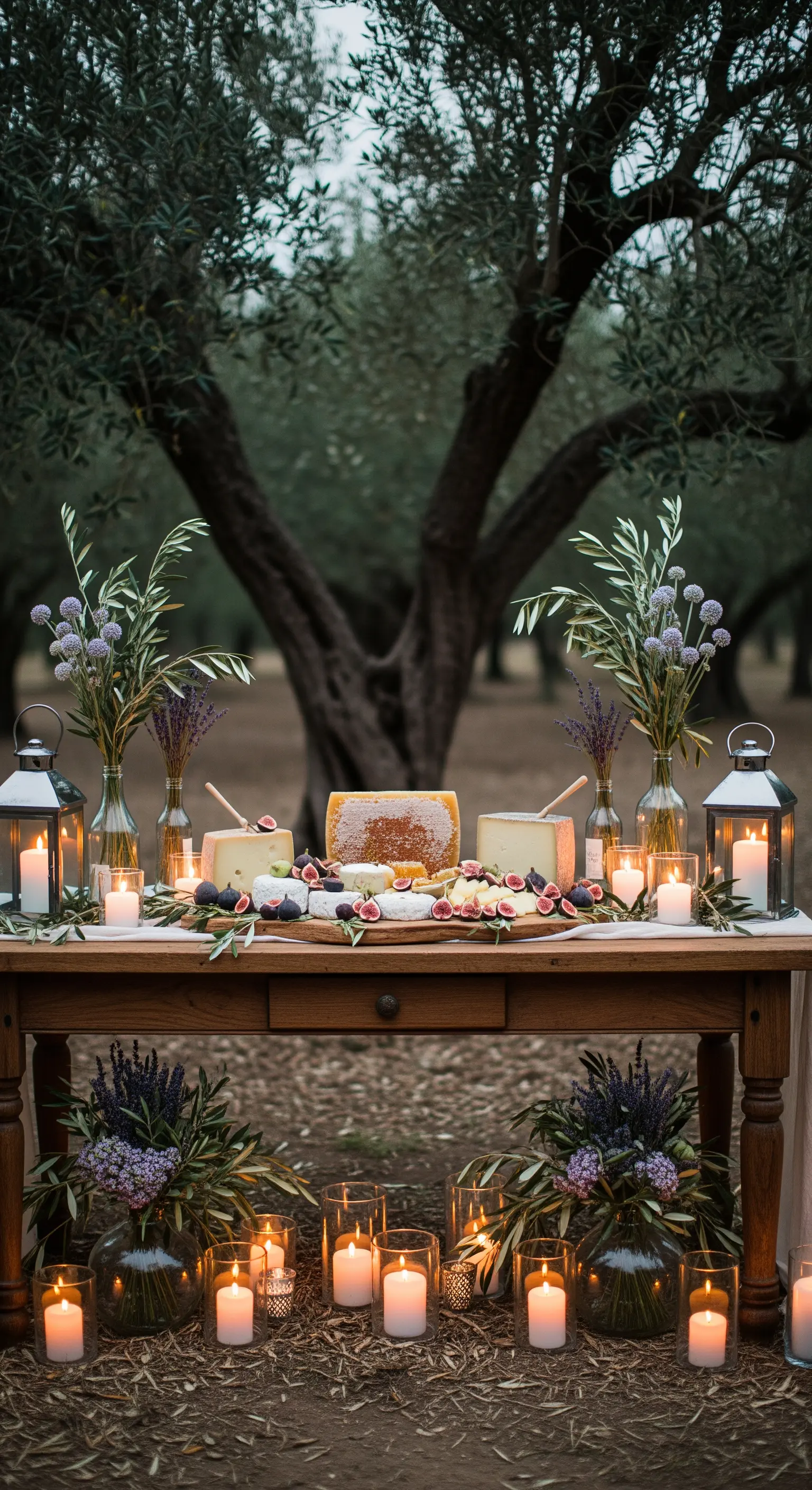 Tavolo di formaggi e fichi in un uliveto, illuminato da decine di candele e lanterne.