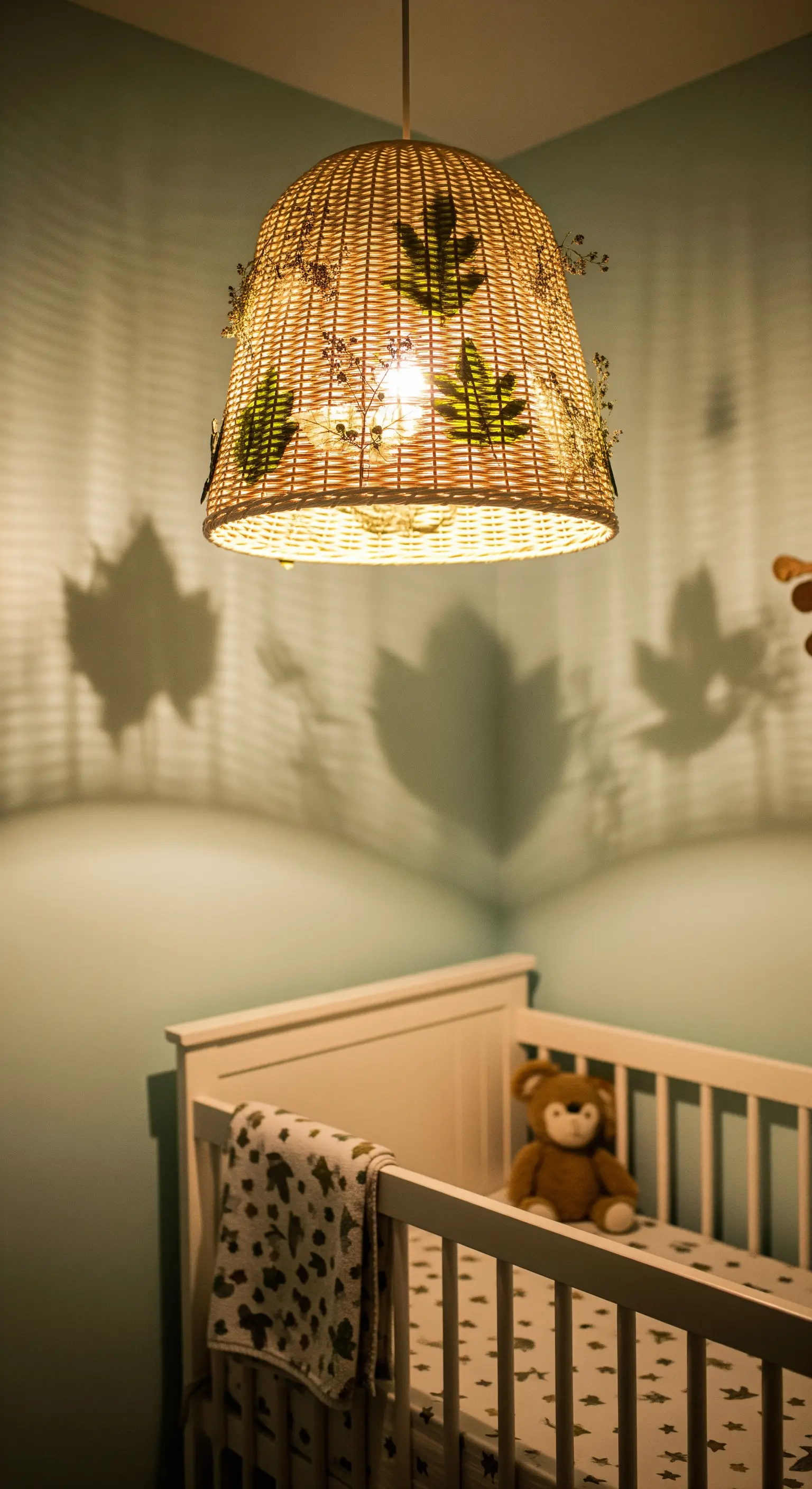 Paralume in vimini decorato con foglie verdi proietta ombre sulla parete di una cameretta.