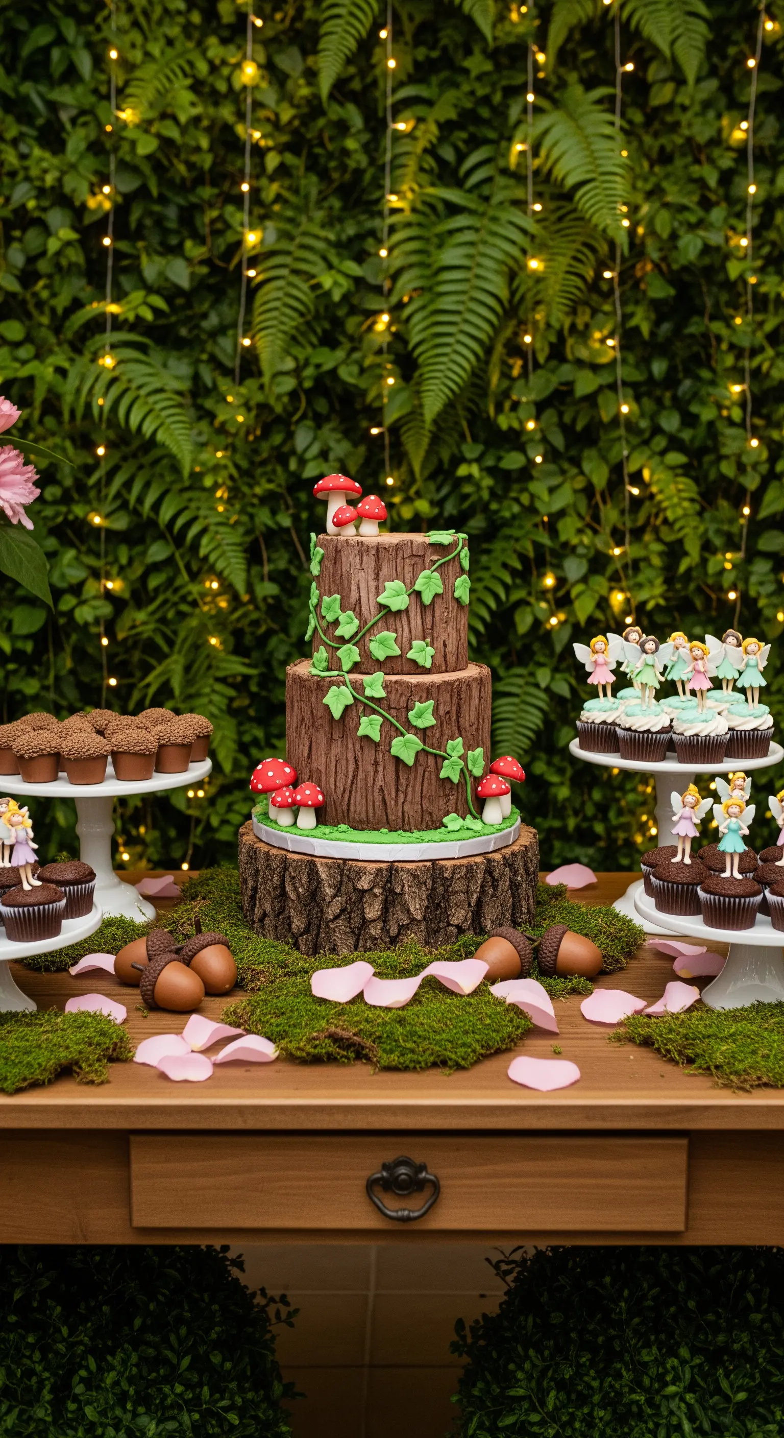 Torta a forma di tronco d'albero su un tavolo di legno, con sfondo di foglie verdi e lucine
