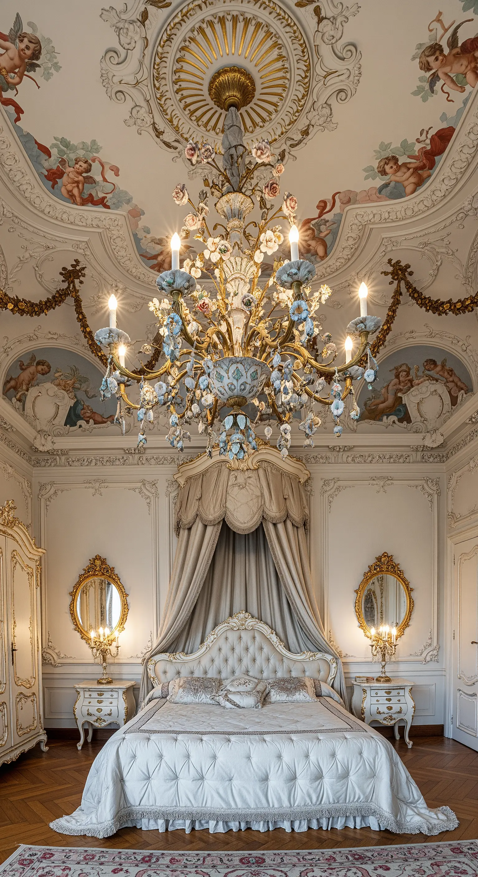 Sontuoso lampadario Rococò con dettagli floreali in una camera da letto con soffitto affrescato.