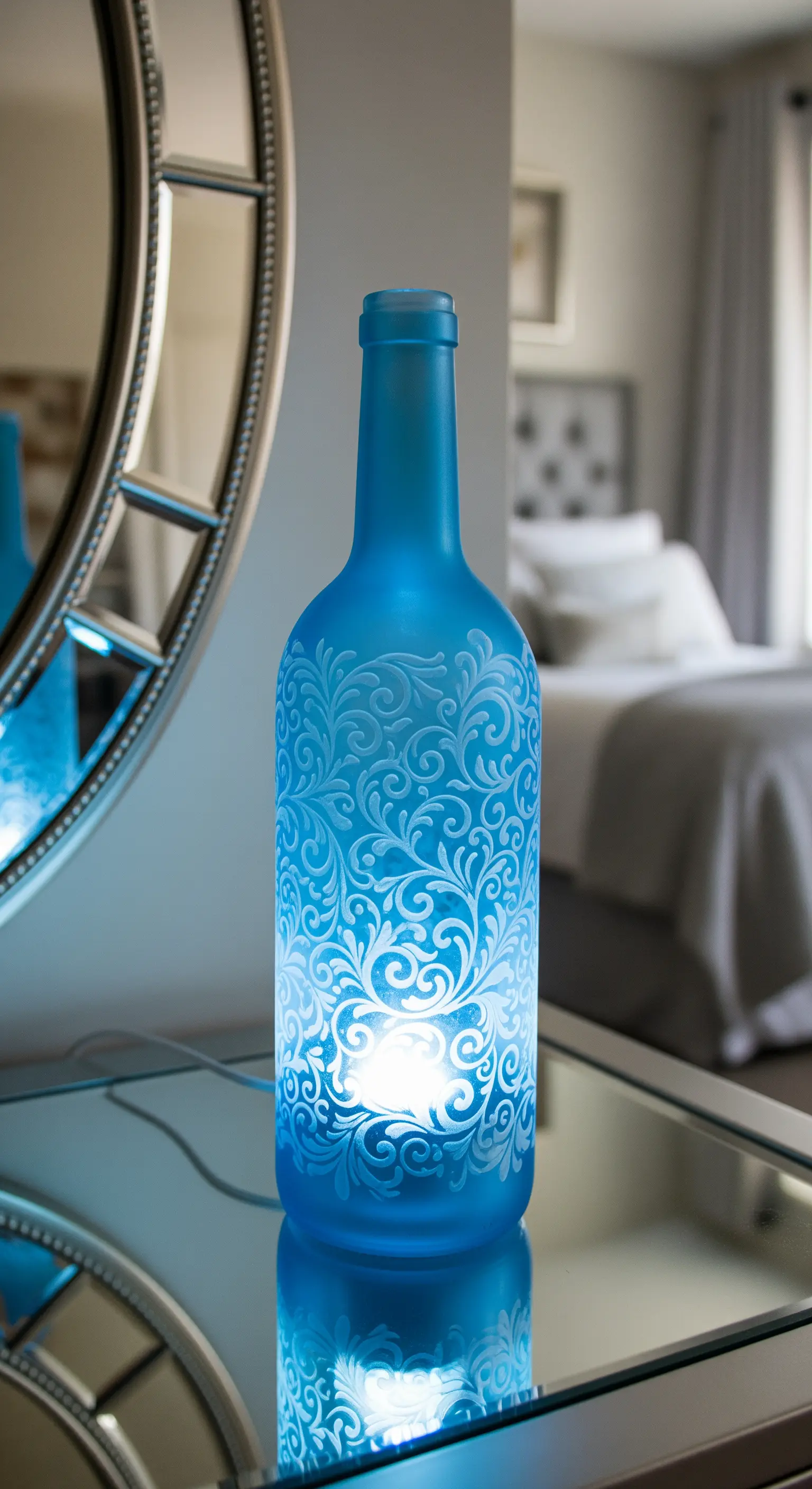 Bottiglia di vetro blu satinato con decorazioni bianche, illuminata dall'interno su un comò.