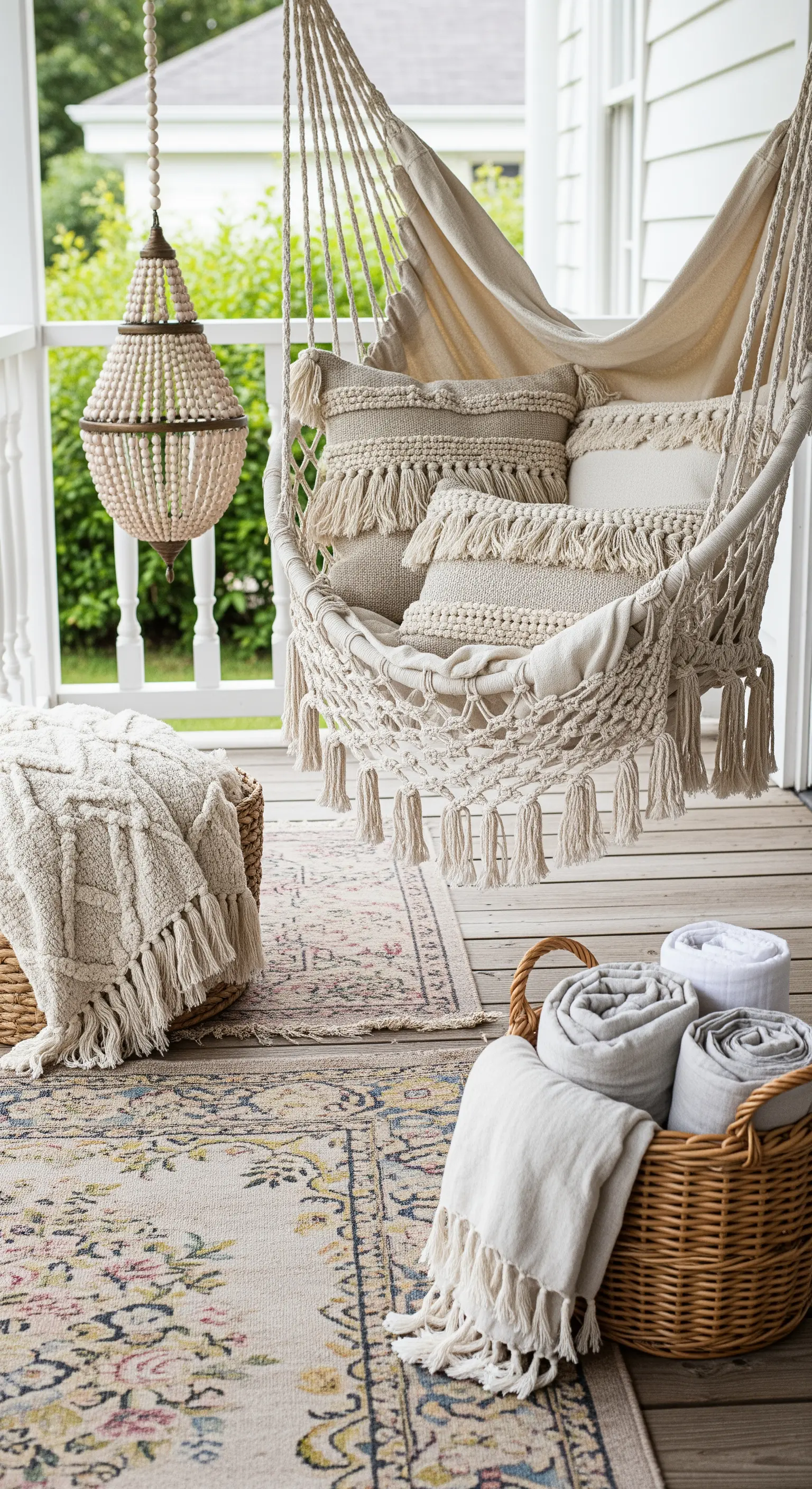 Angolo relax con sedia sospesa in macramè, tappeto sbiadito e cuscini con frange.