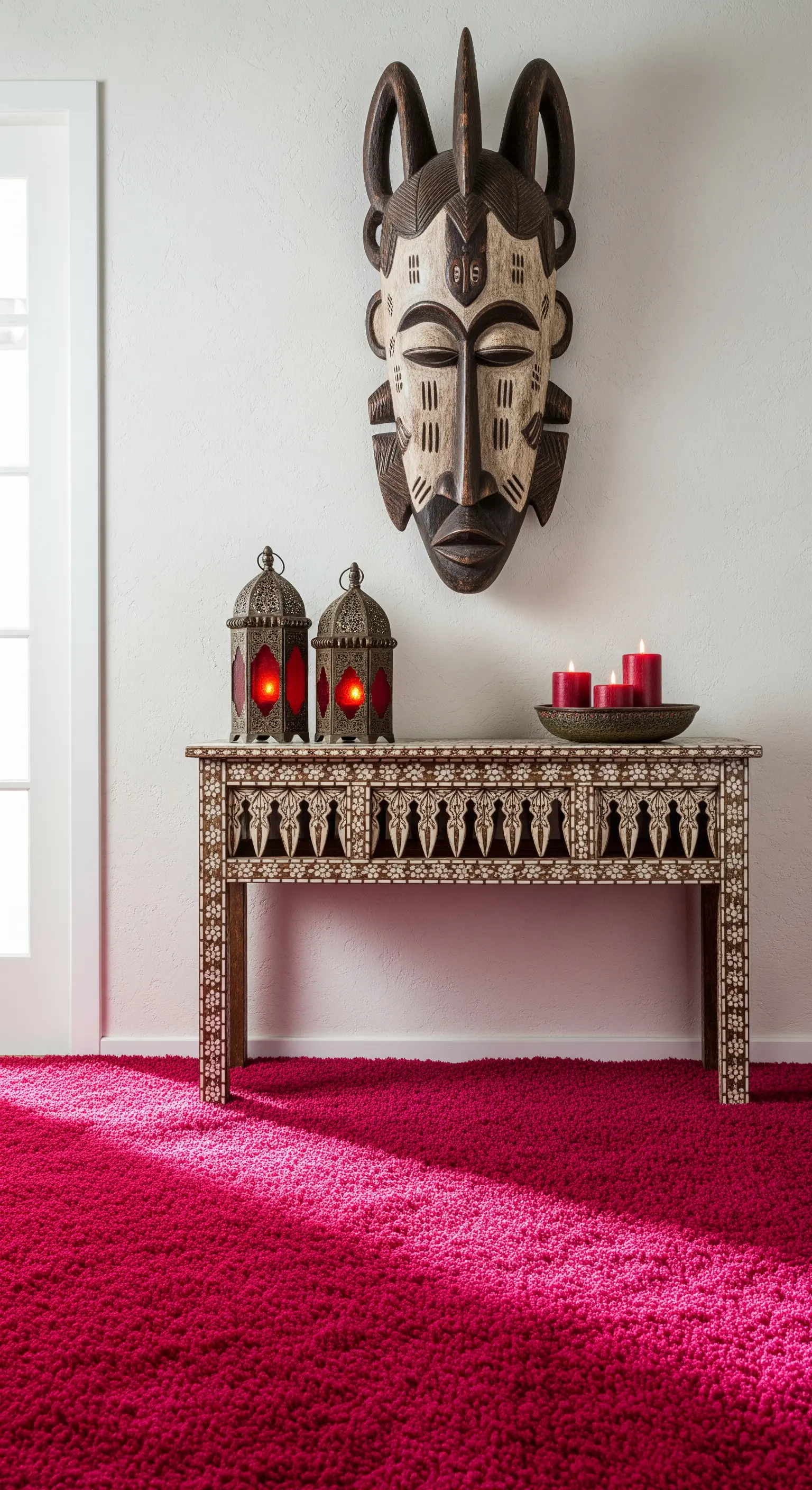 Ingresso con tappeto fucsia, consolle etnica intarsiata e una grande maschera tribale a parete.