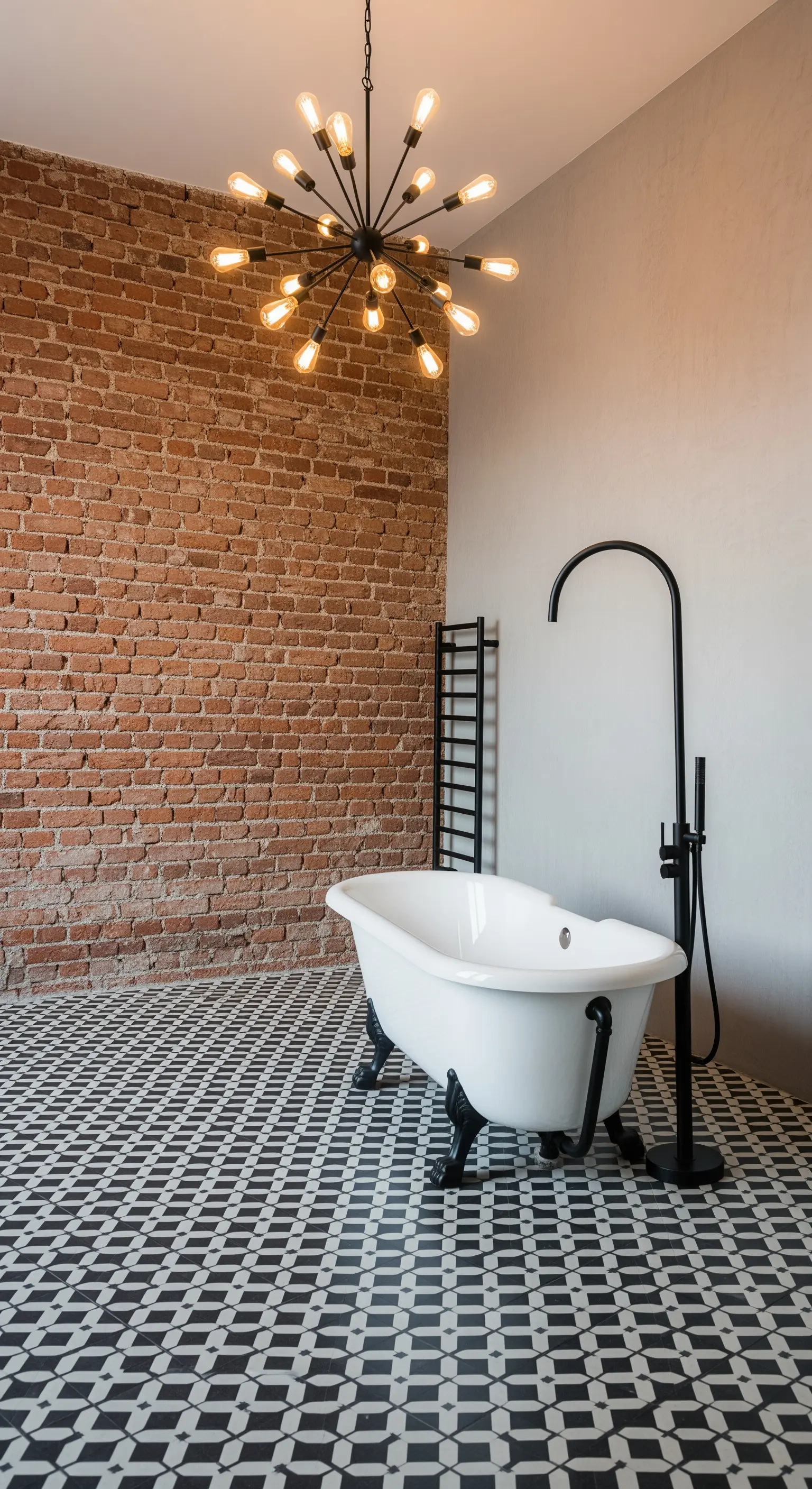Bagno con parete in mattoni, vasca rétro con piedini e lampadario sputnik.