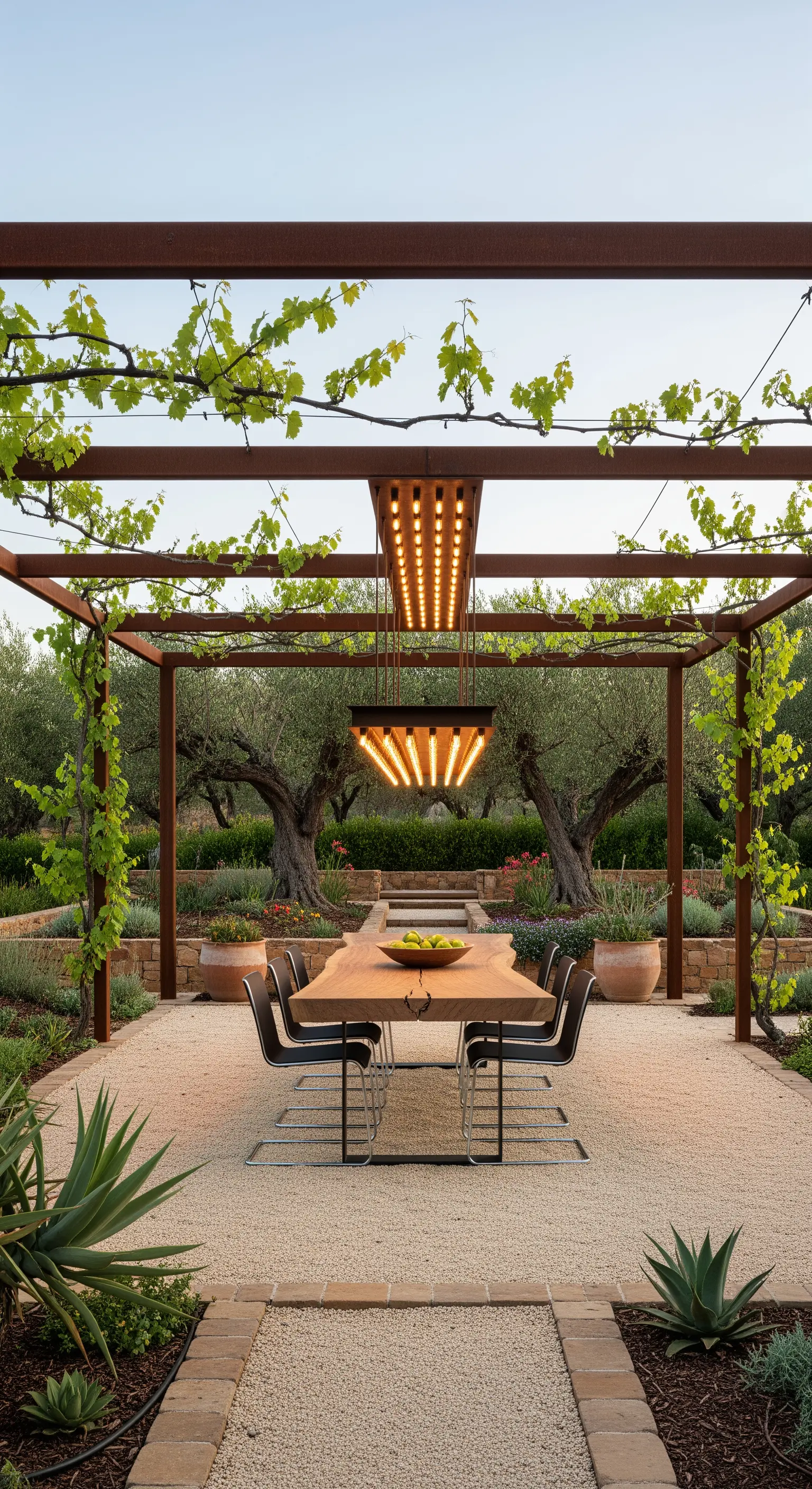 Pergolato in acciaio Corten con tavolo in legno e lampada di design in un uliveto