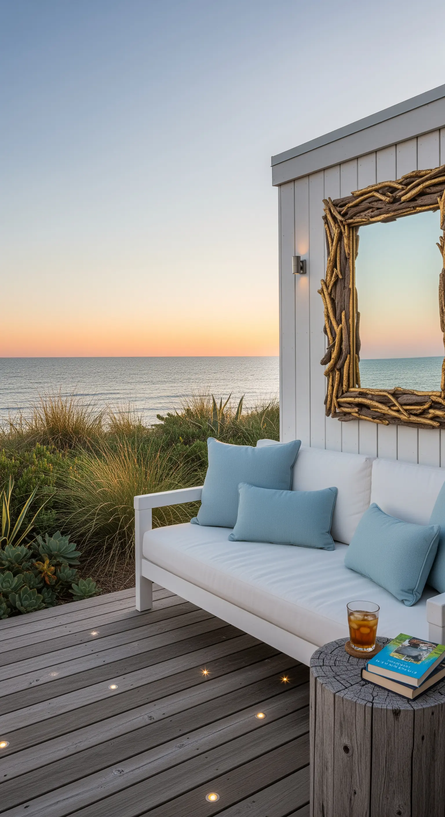 Patio vista mare con divano bianco, cuscini azzurri e uno specchio con cornice in legno di mare