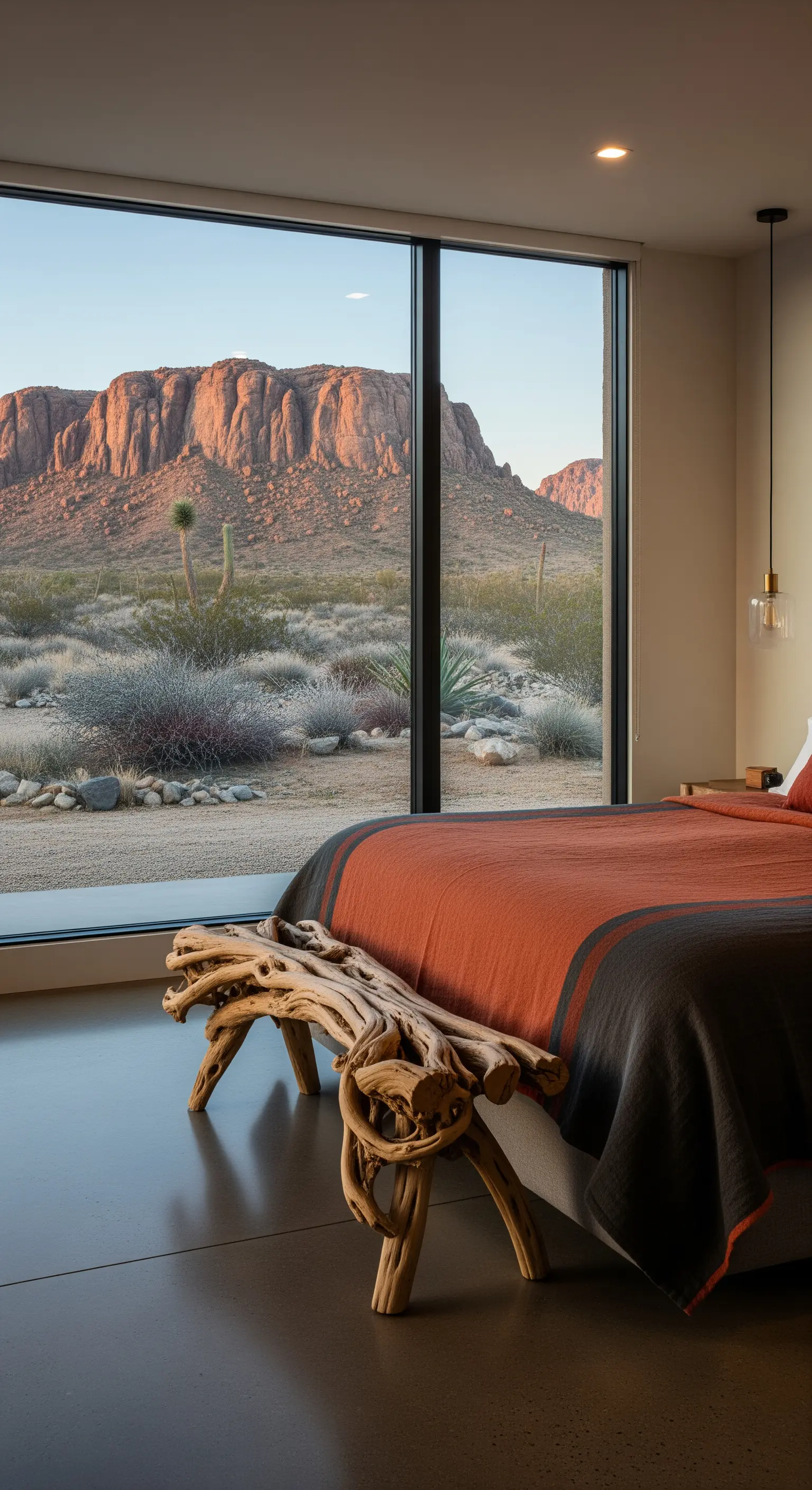 Camera con enorme finestra affacciata su un paesaggio desertico e coperta in lana terracotta.