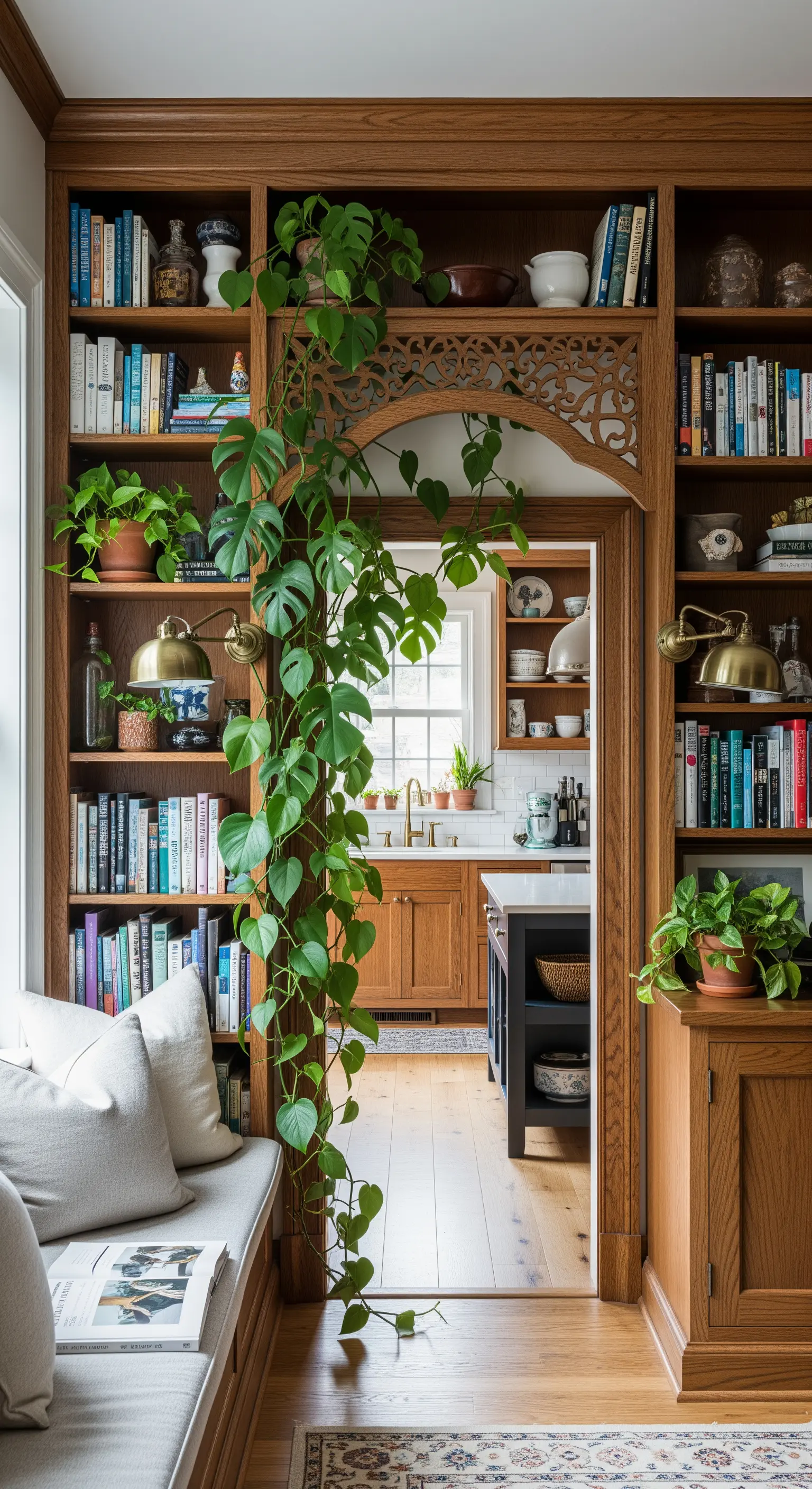 Pianta rampicante che incornicia l'arco di una libreria tra il soggiorno e la cucina.