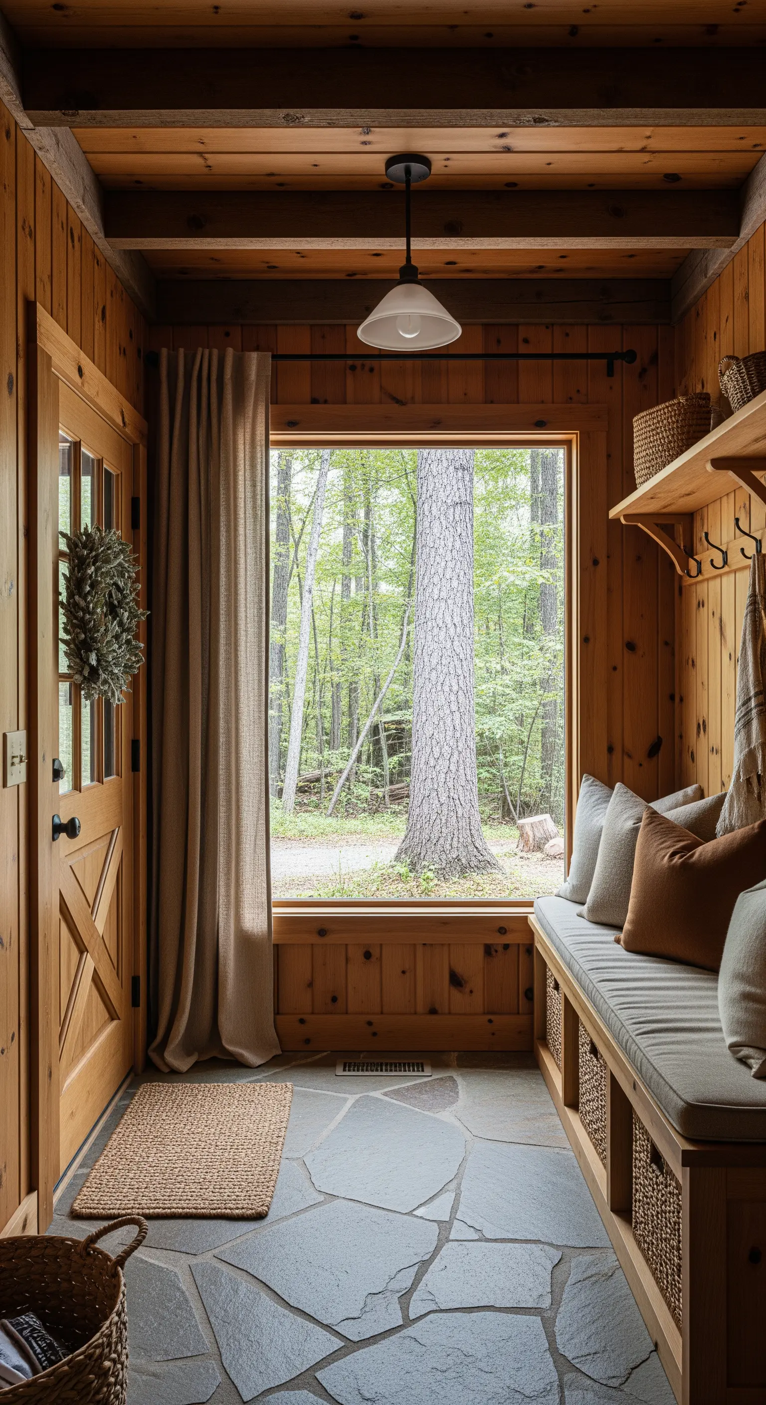 Ingresso di una baita in legno con panca imbottita e una tenda che incornicia la vista sul bosco.