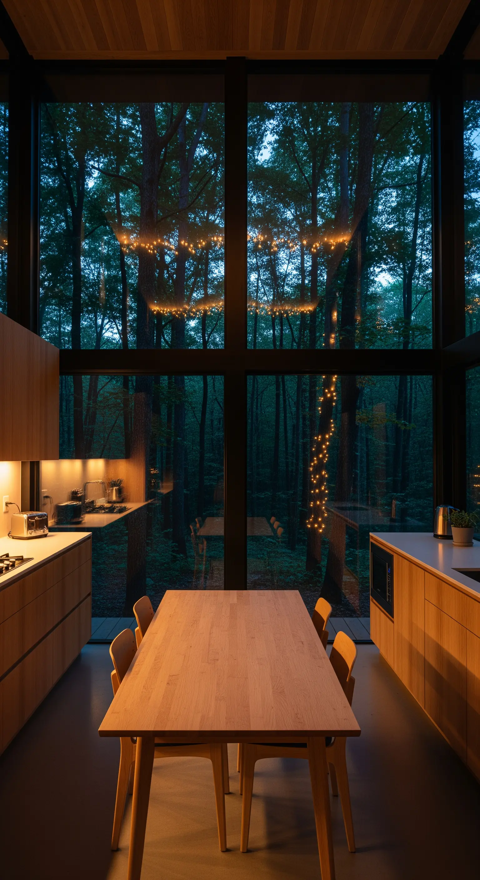 Cucina minimalista con una grande vetrata sul bosco, incorniciata da delicate luci a stringa.