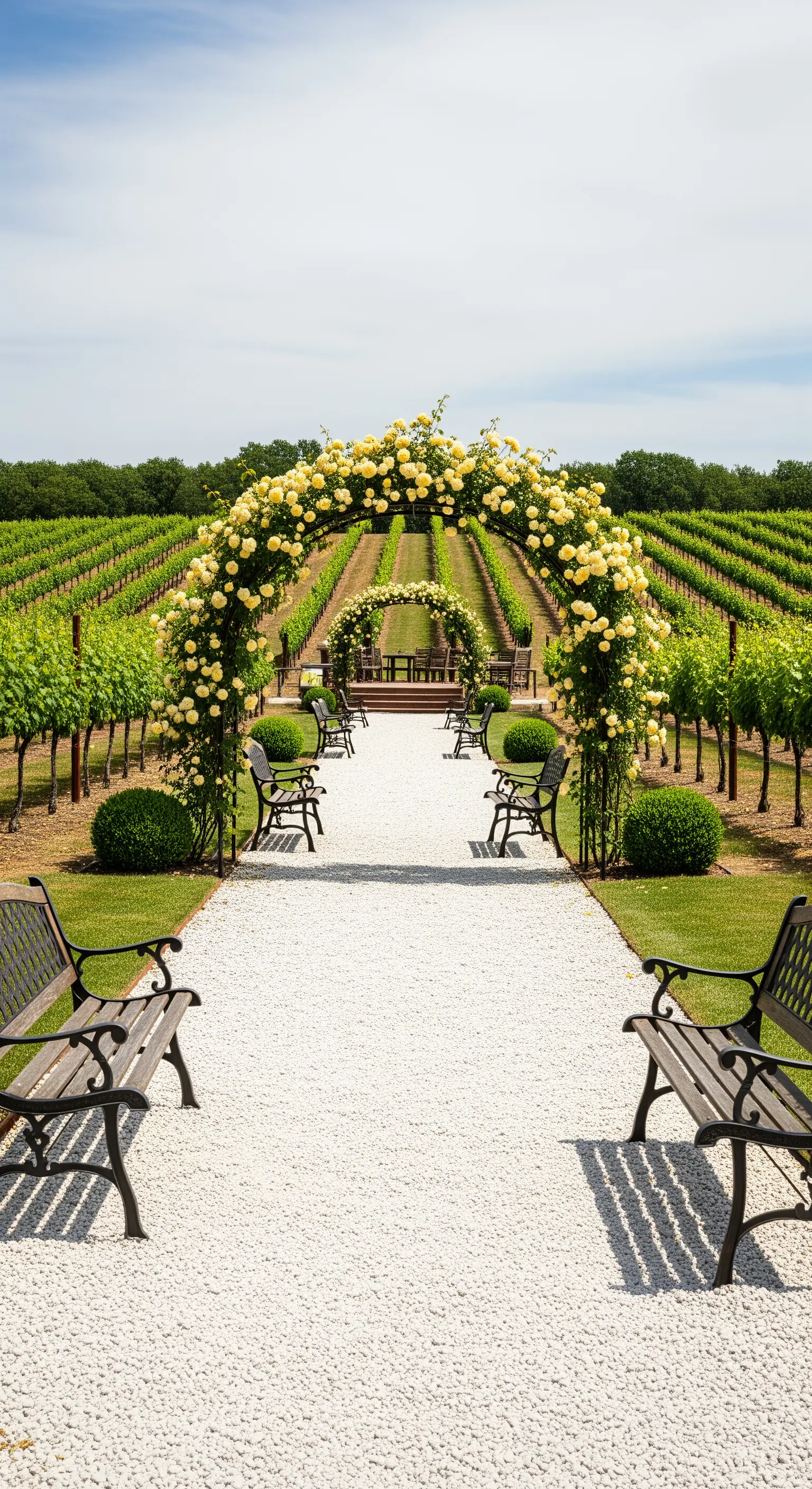 Arco di rose gialle che incornicia un viale di ghiaia con vista su un vigneto lussureggiante.