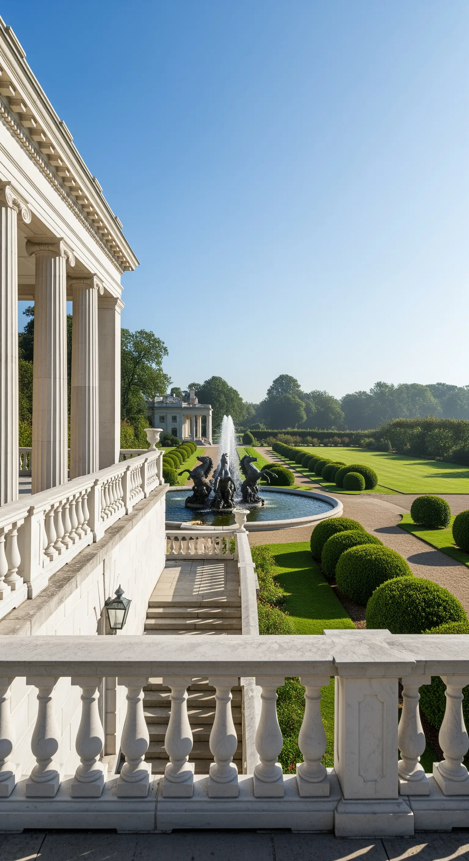 Vista da una terrazza con balaustra in marmo bianco su un giardino formale con fontana e prato