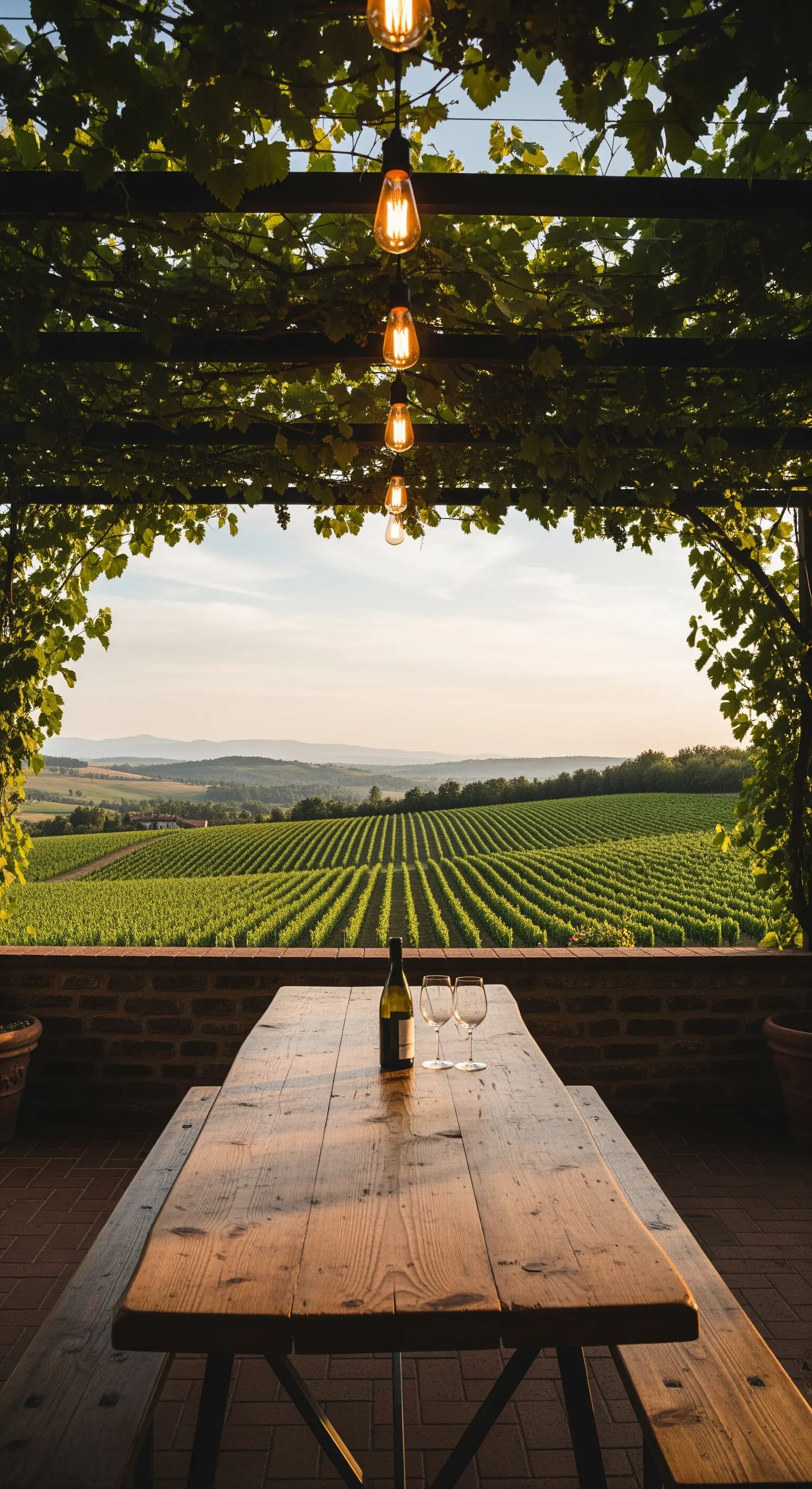 Tavolo da picnic sotto un pergolato di vite che incornicia una vista sui vigneti