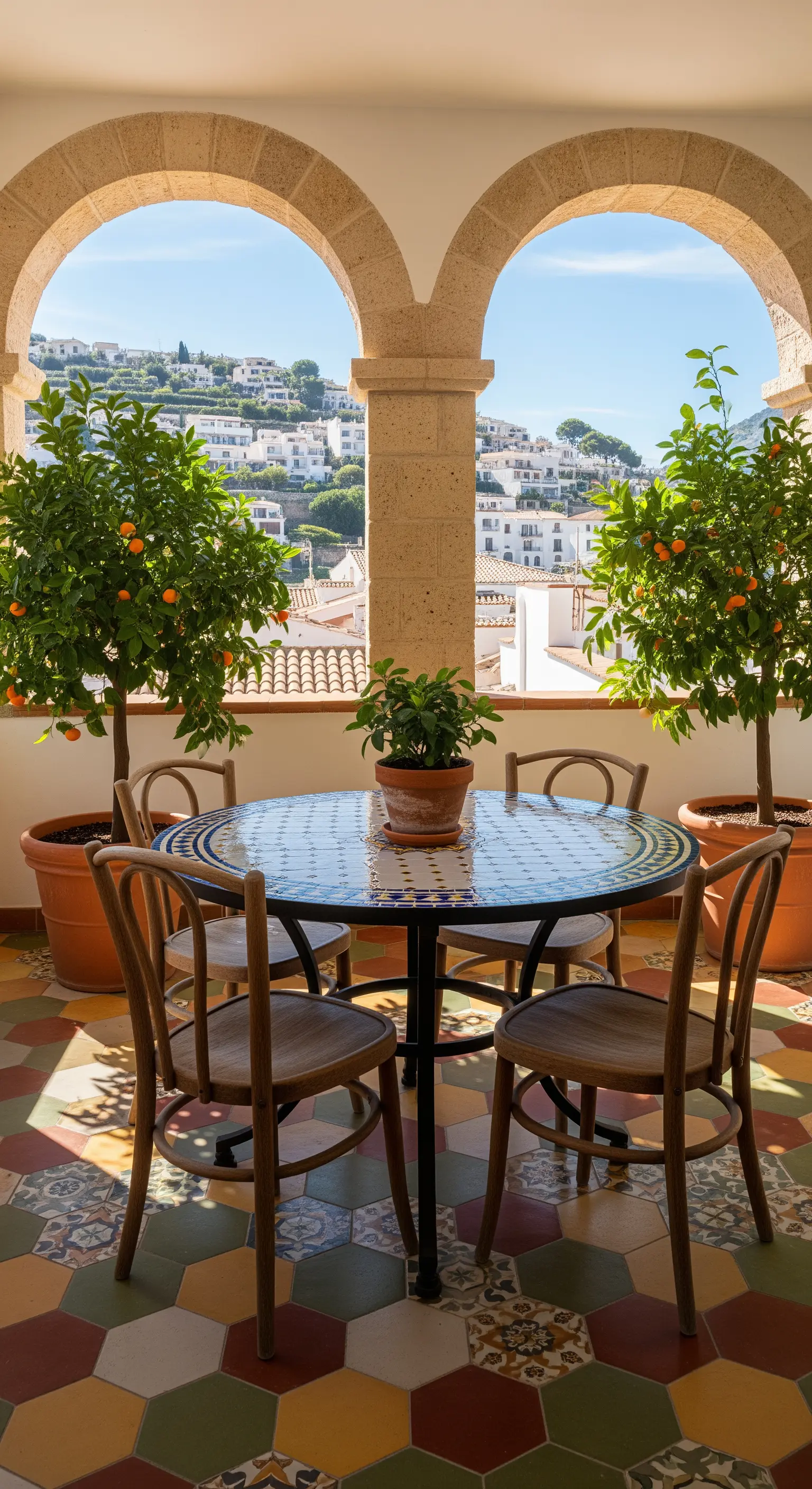 Tavolo da pranzo sotto un portico con archi che incorniciano la vista di un villaggio bianco