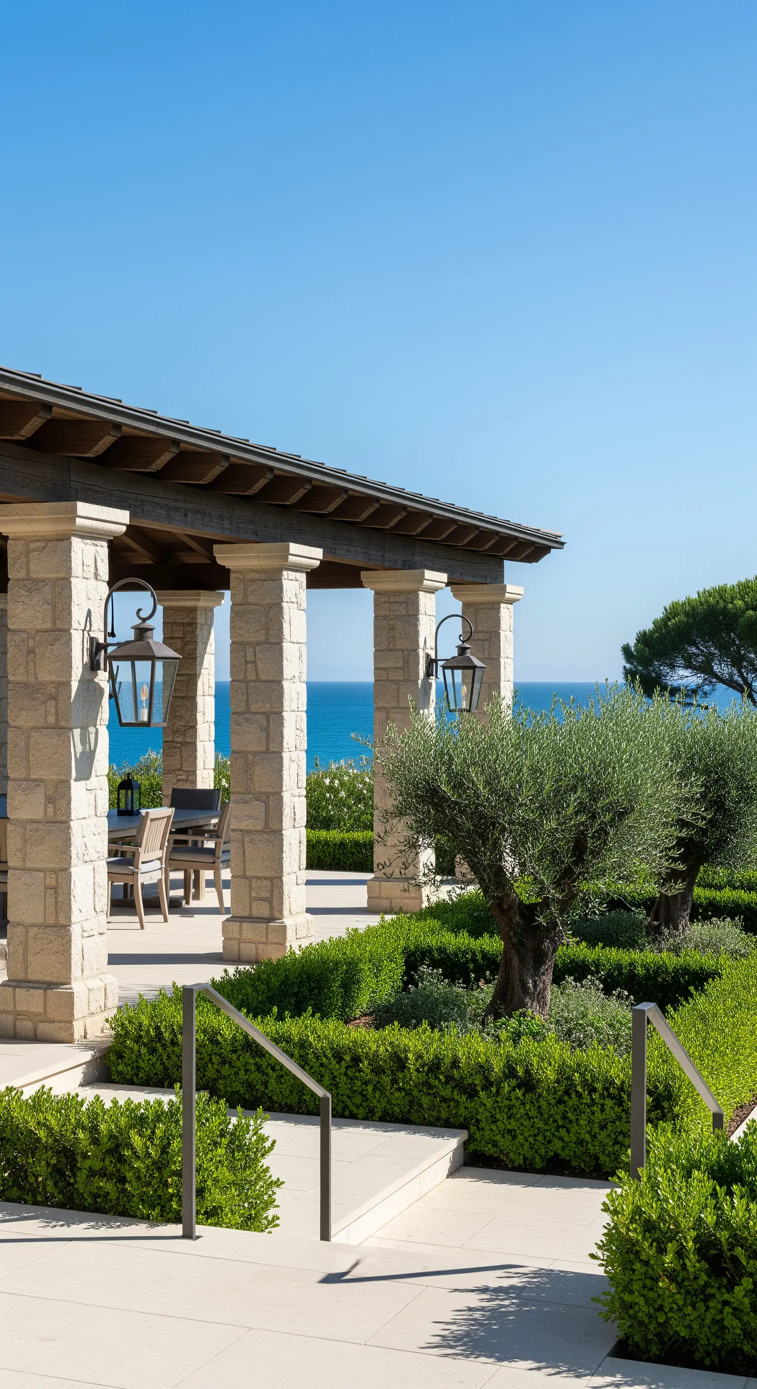 Portico in pietra con vista sul mare, arredato con un tavolo da pranzo e circondato da ulivi