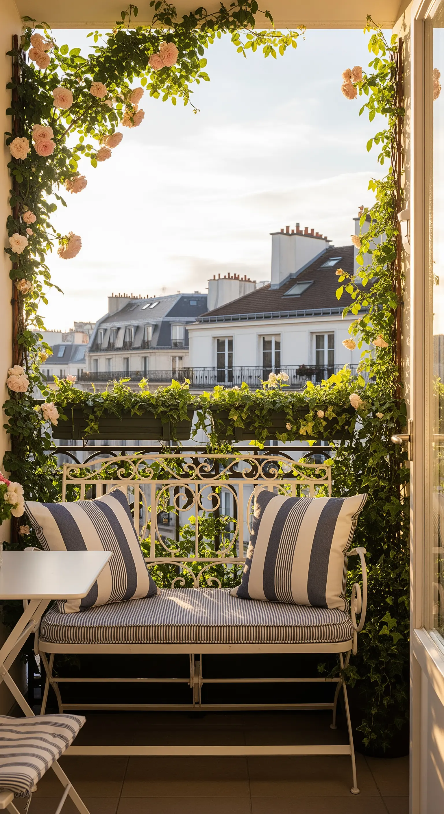 Balcone parigino con panchina in ferro battuto incorniciata da rose rampicanti rosa.