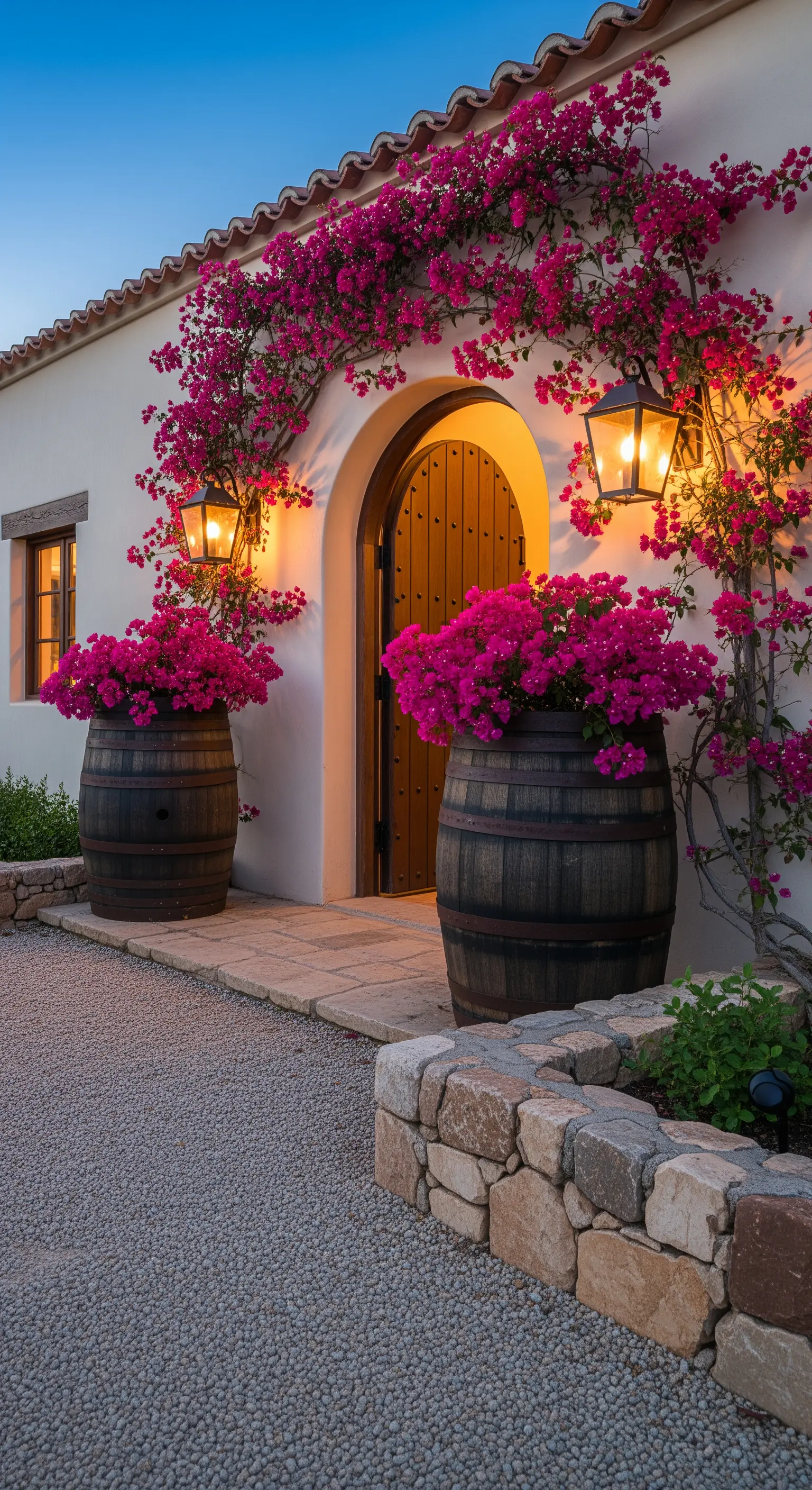 Due grandi botti con bouganville fucsia ai lati di una porta ad arco in legno.
