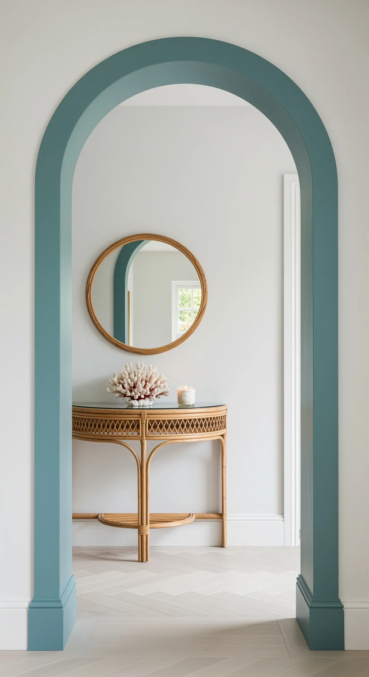 Vista attraverso un'arcata dipinta di verde salvia su una consolle in rattan con specchio rotondo.