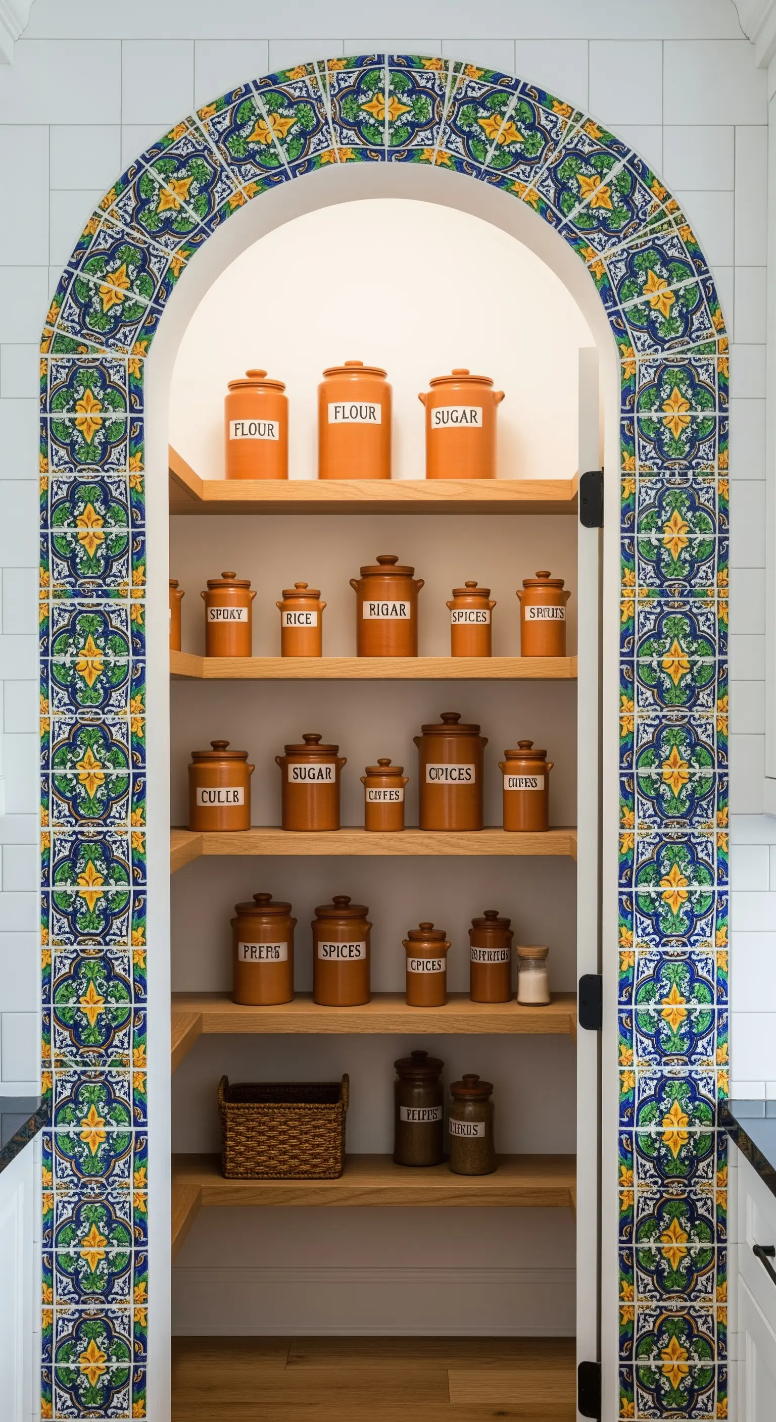 Ingresso di una dispensa incorniciato da un arco completamente rivestito di maioliche decorate.