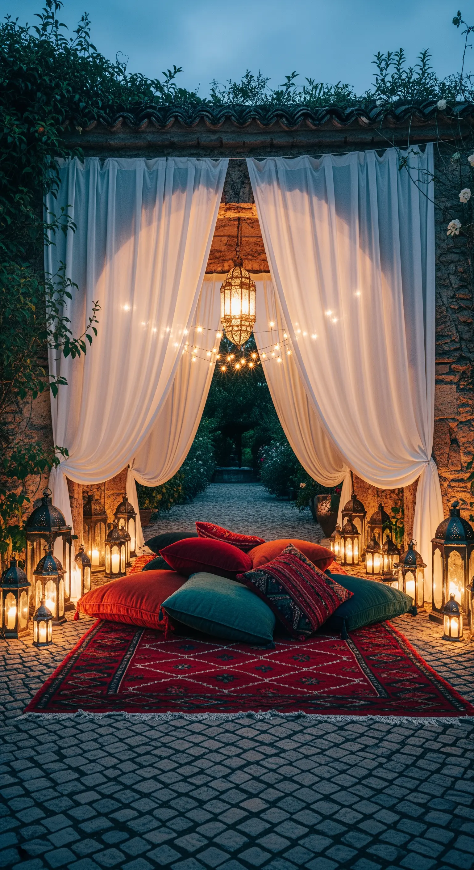Ingresso ad arco con tende bianche, lanterne marocchine e cuscini rossi e verdi.