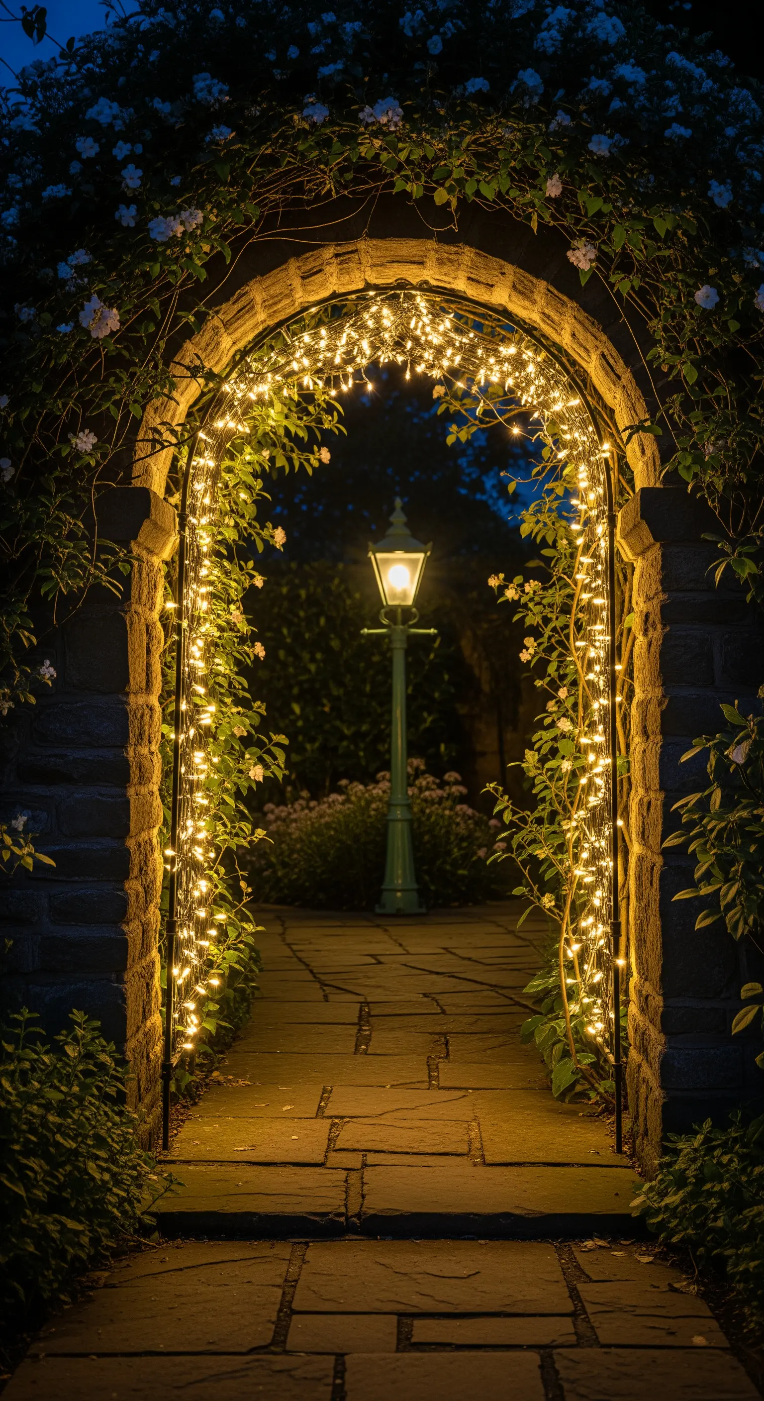 Arco in pietra con i contorni interni decorati da fili di luci, che incorniciano un lampione verde.