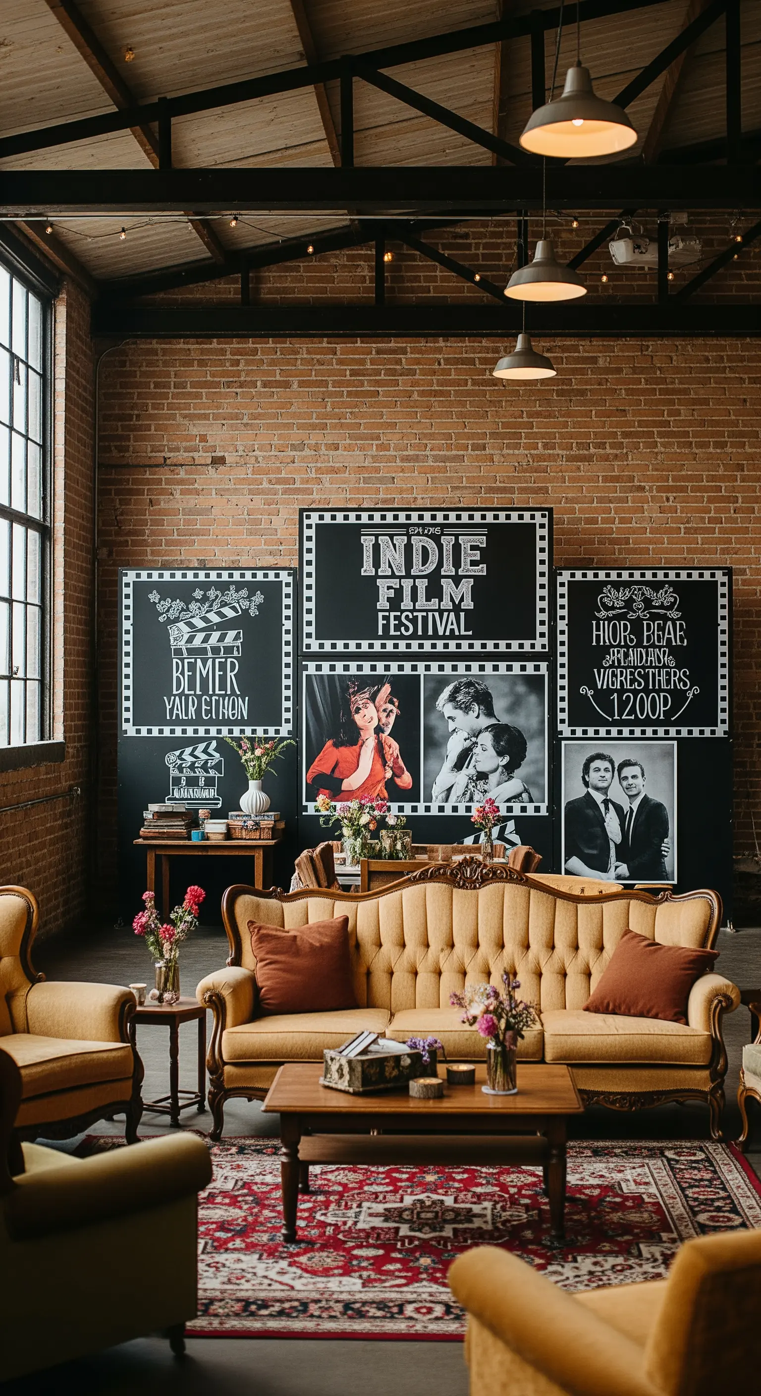 Area lounge in stile cinema indipendente con divani vintage, locandine e mattoni a vista