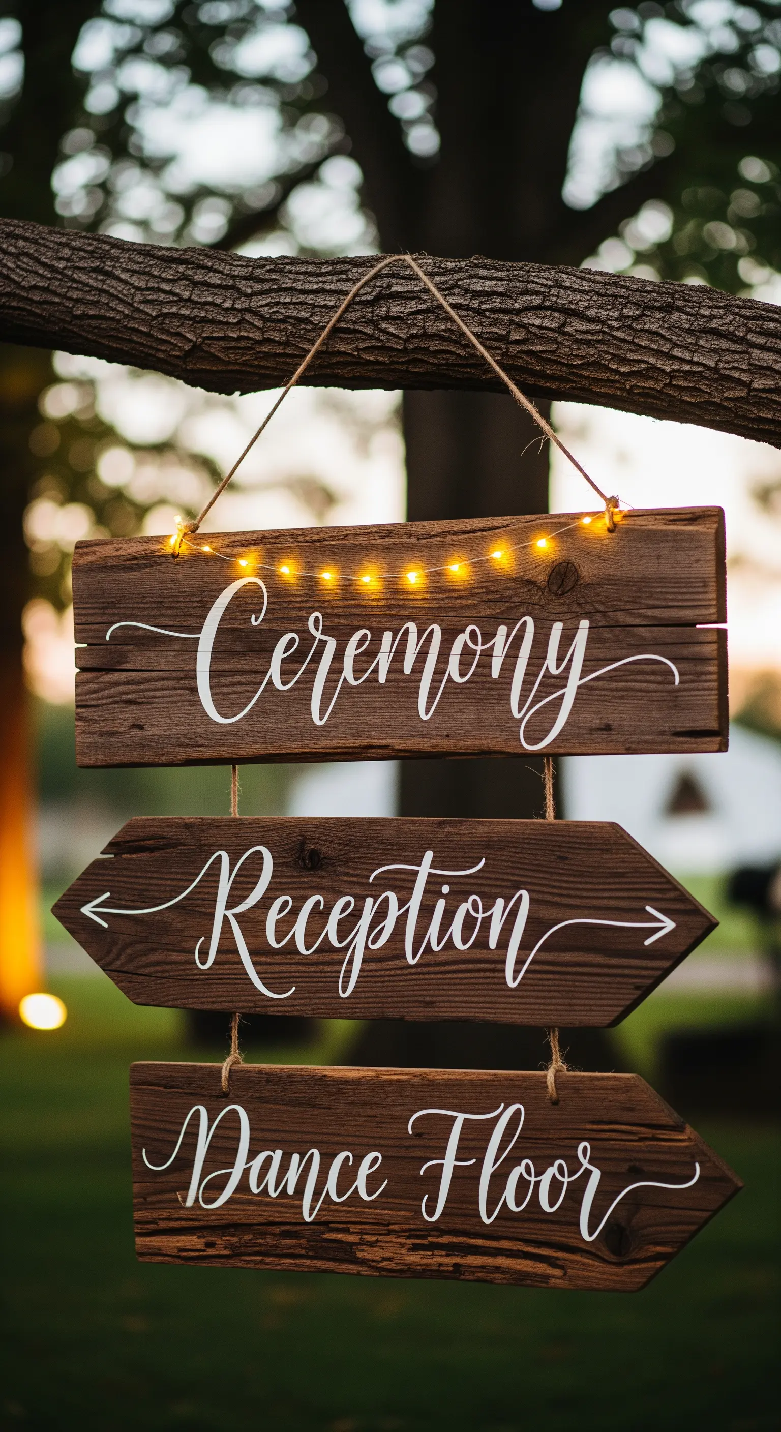 Segnaletica direzionale in legno per un matrimonio, decorata con una fila di lucine calde.